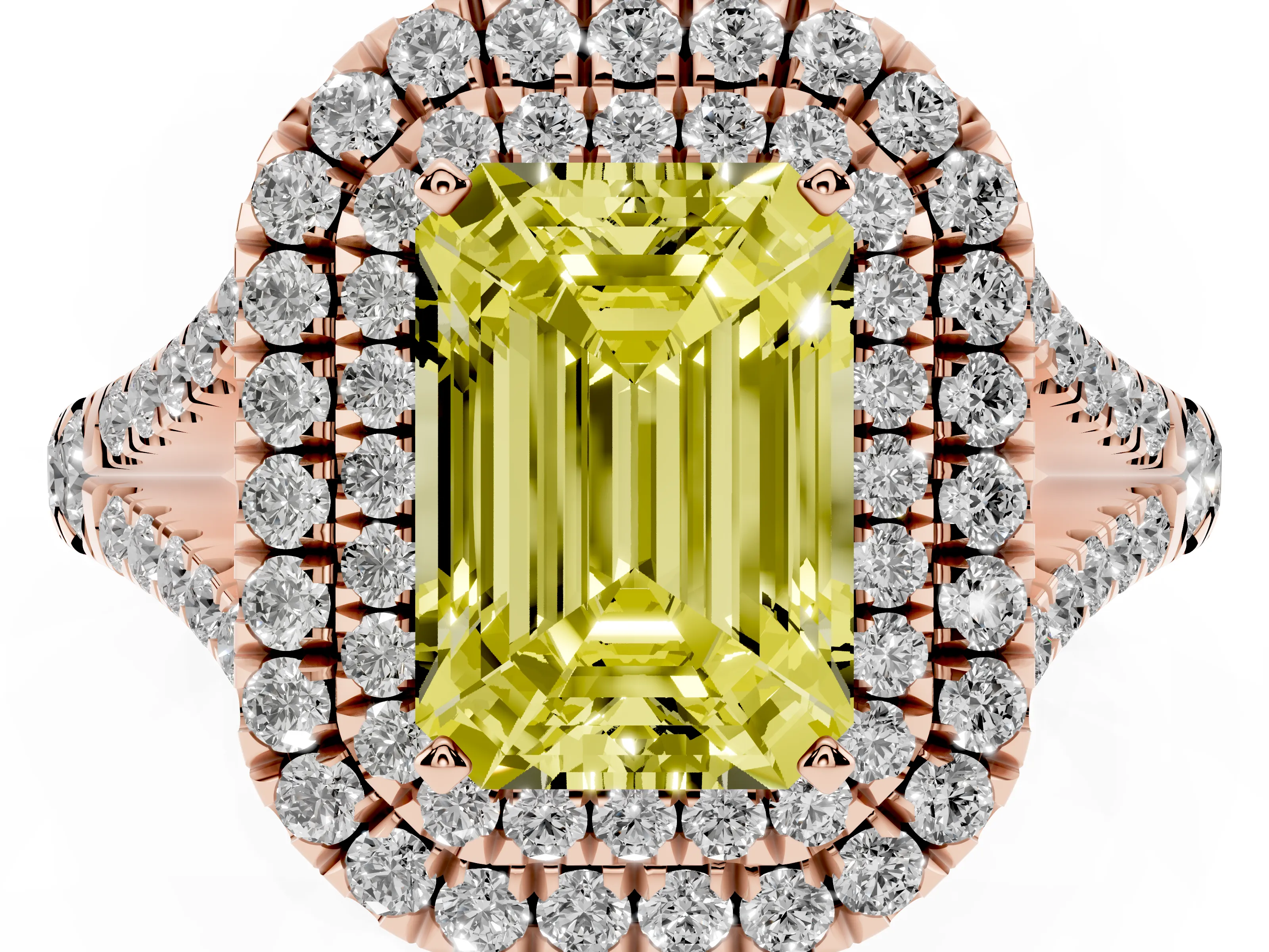 Fancy Yellow Emerald Cut Diamond Pavé Split Shank Double Halo Engagement Ring Set in Rose gold
