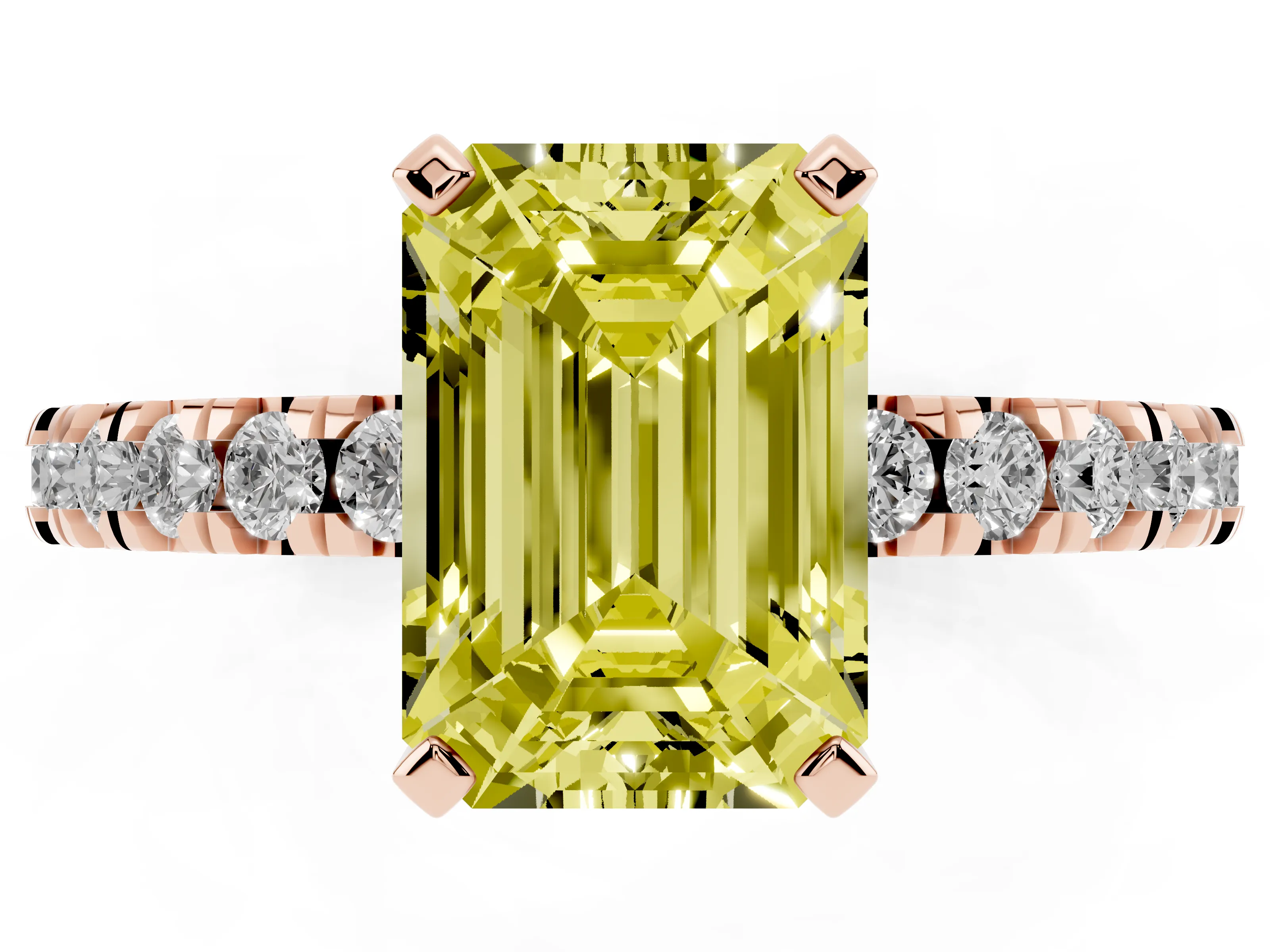 Fancy Yellow Emerald Cut Diamond Pavé Band Solitaire Set in Rose gold with Prong Setting