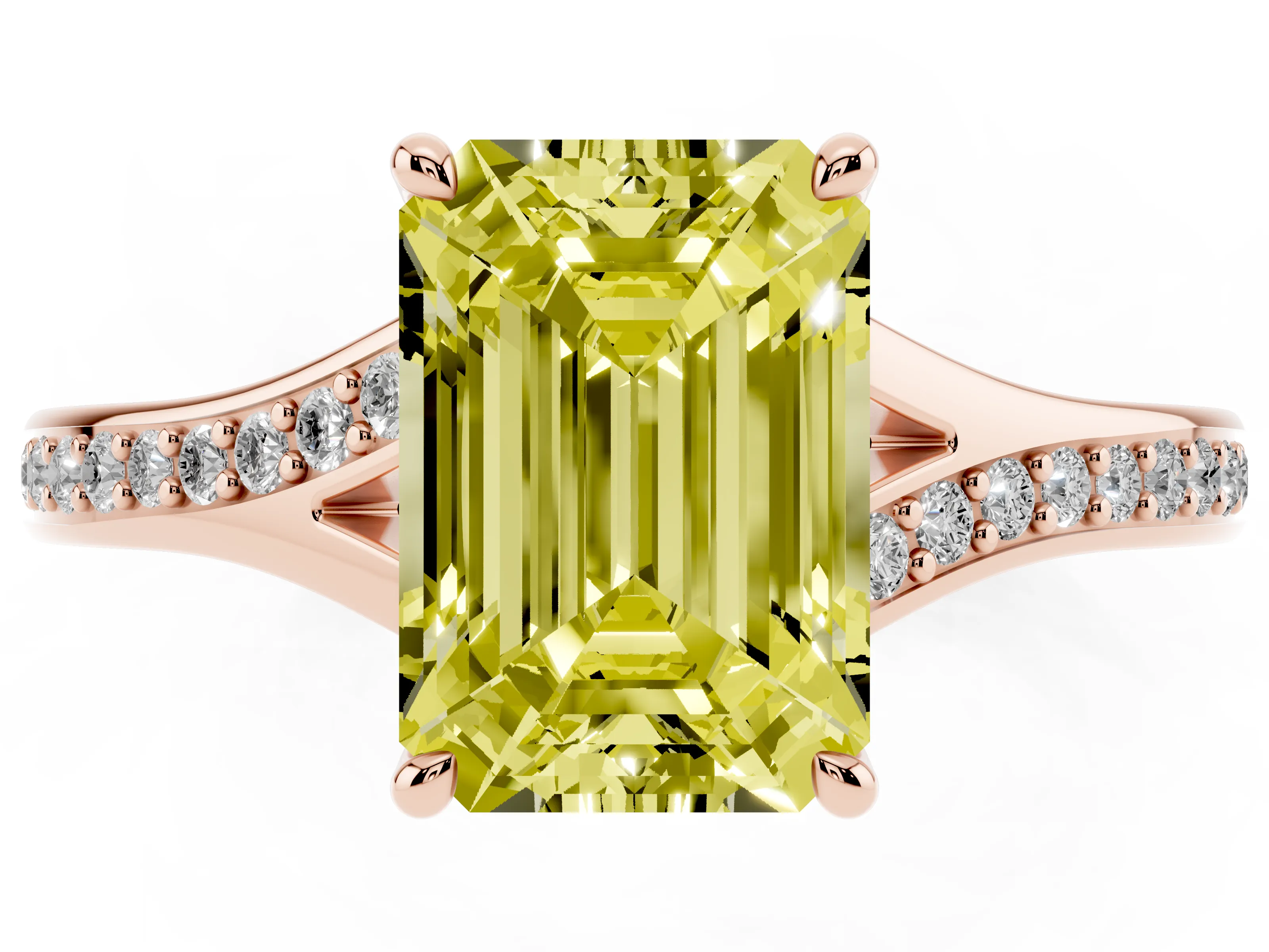 Fancy Yellow Emerald Cut Diamond Solitaire Ring Set in Rose gold with Pavé Accent Band and Classic Prong Setting