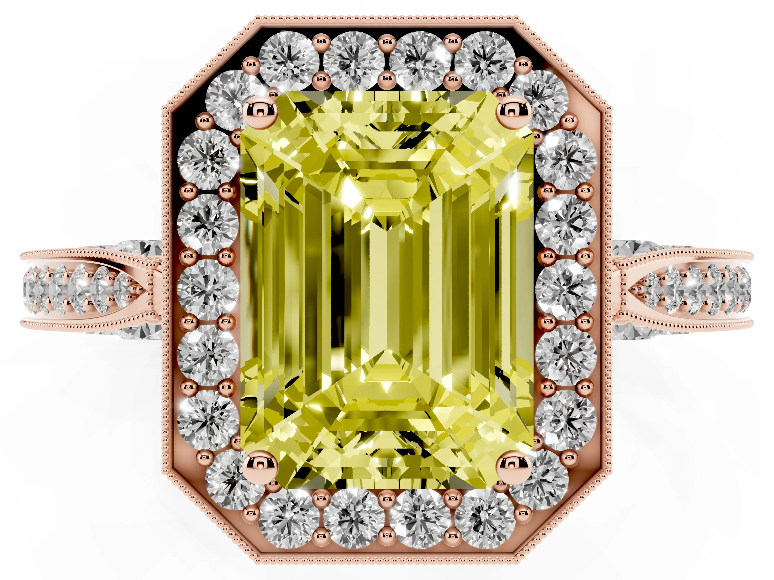 Fancy Yellow Emerald Cut Diamond Halo Engagement Ring Set in Rose gold with Accent Split Shank Band