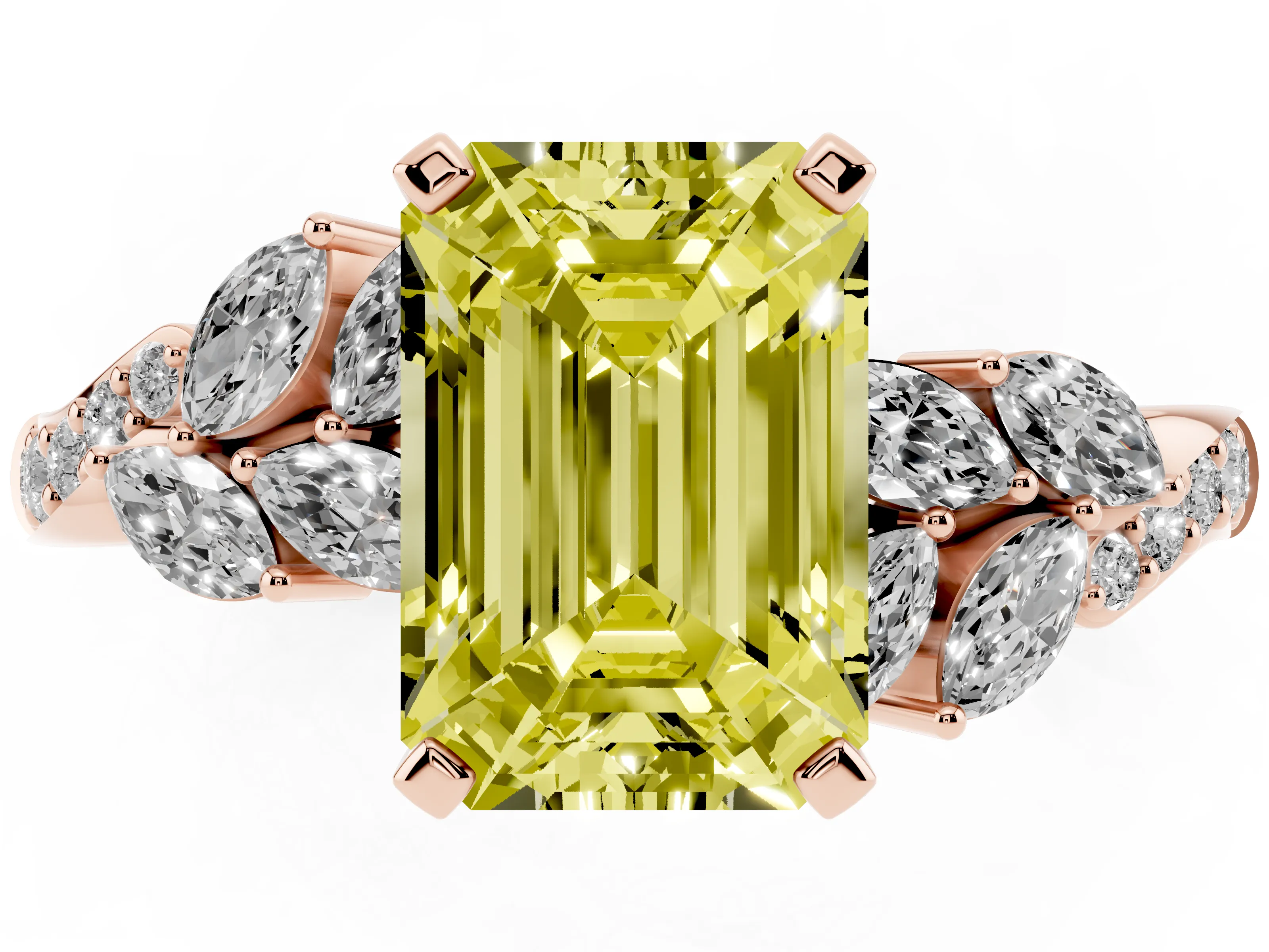 Fancy Yellow Emerald Cut Diamond Solitaire Ring Set in Rose gold with Marquise Twist Band and Prong Setting