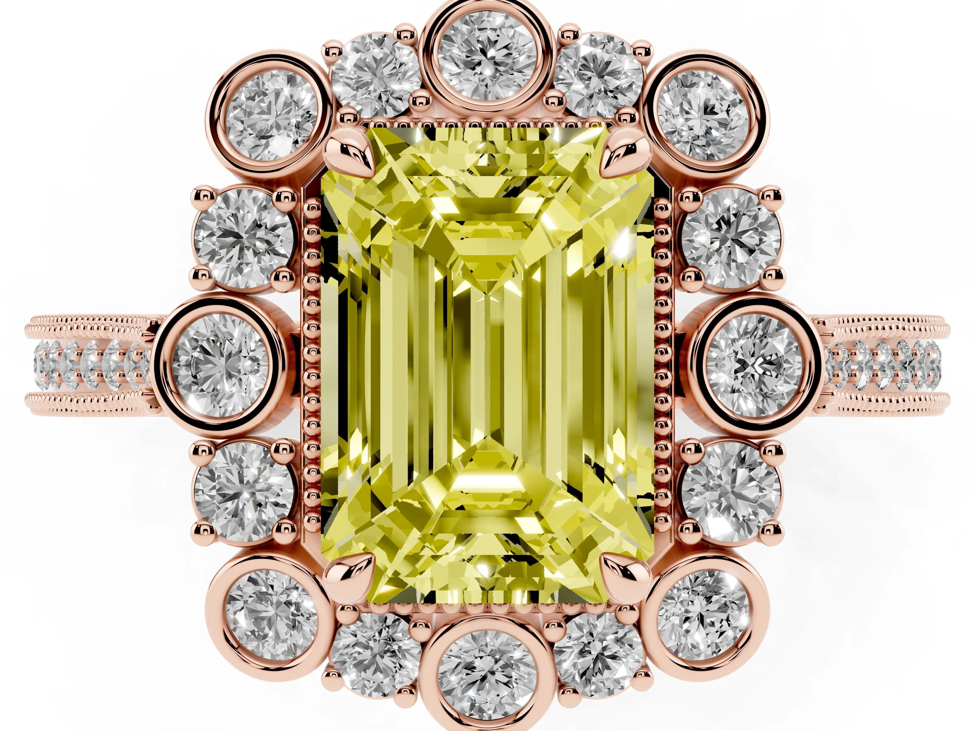 Fancy Yellow Emerald Cut Diamond Halo Milgrain Pavé Ring Set in Rose gold with Prong Setting