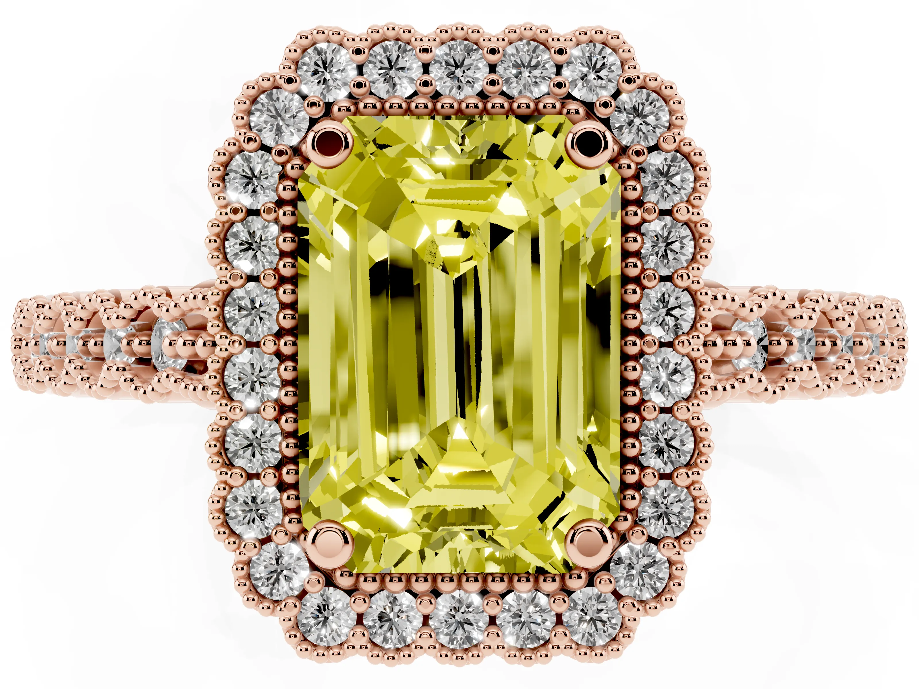 Fancy Yellow Emerald Cut Diamond Halo Ring Set in Rose gold with Pavé Milgrain Band
