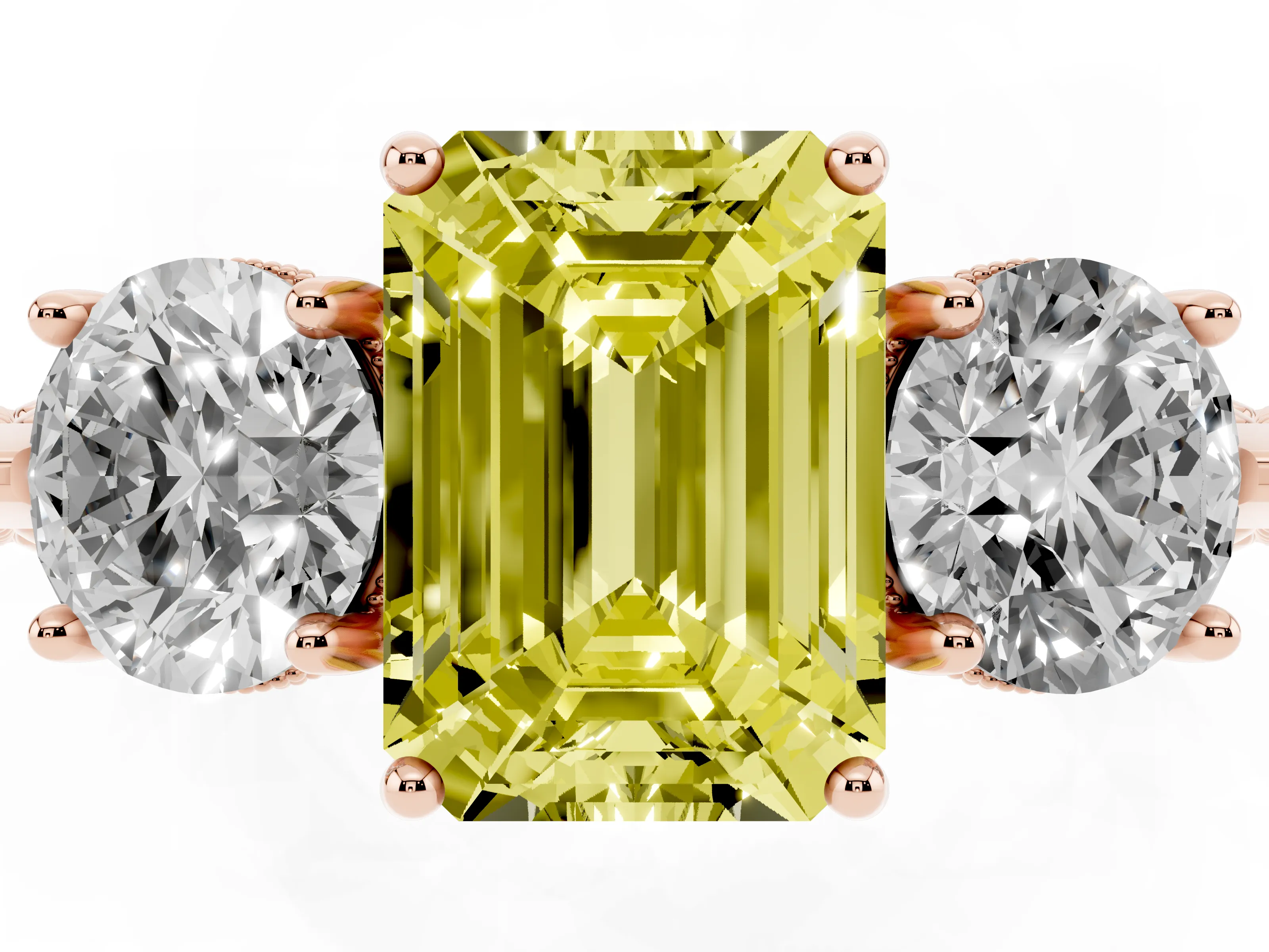 Fancy Yellow Emerald Cut Diamond Three-Stone Ring Set in Rose gold with Milgrain Band