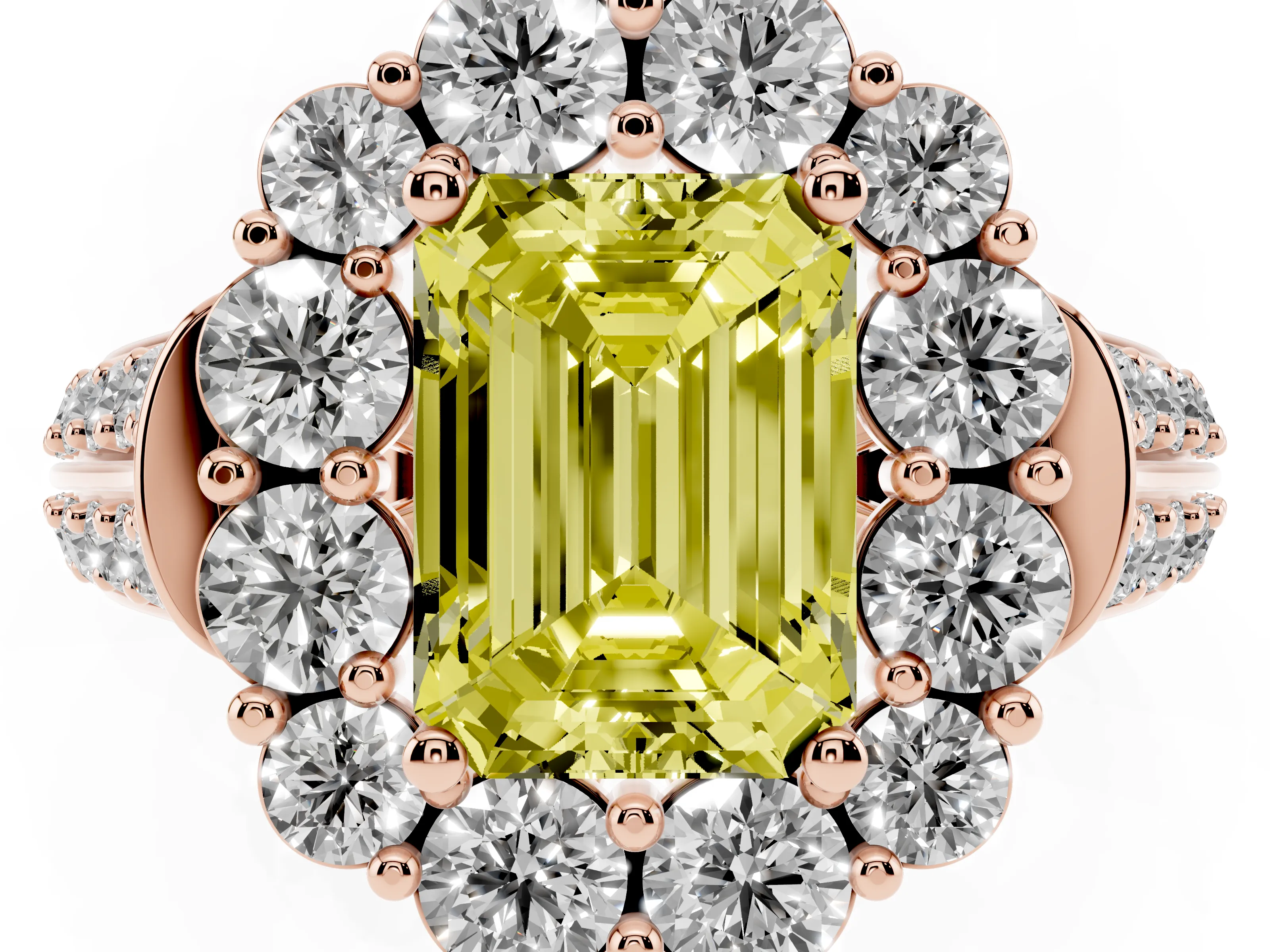 Fancy Yellow Emerald Cut Diamond Halo Engagement Ring Set in Rose gold with Split Shank and Prong Setting