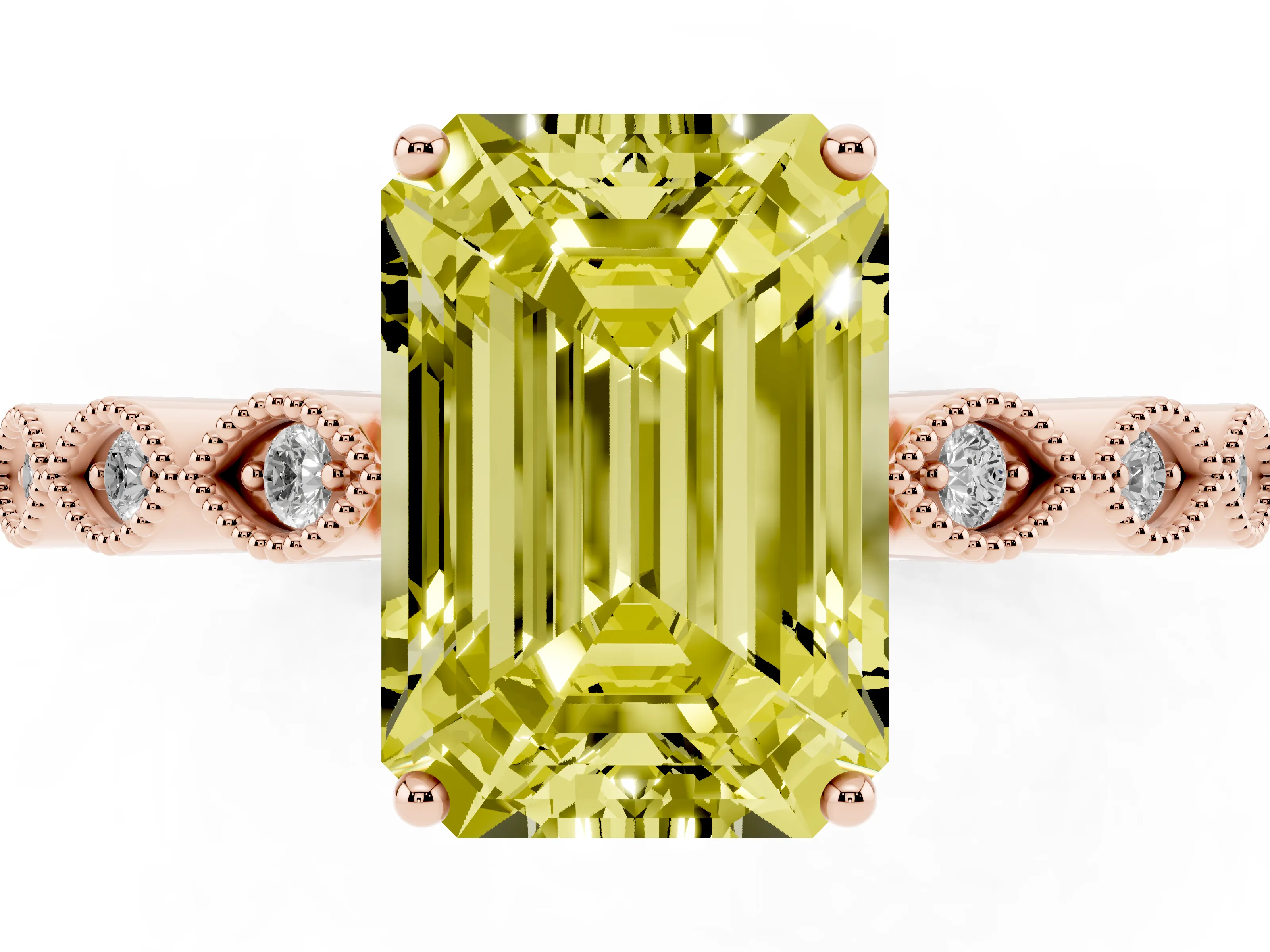 Fancy Yellow Emerald Cut Diamond Solitaire Ring Set in Rose gold with Infinity Twist Pavé Band