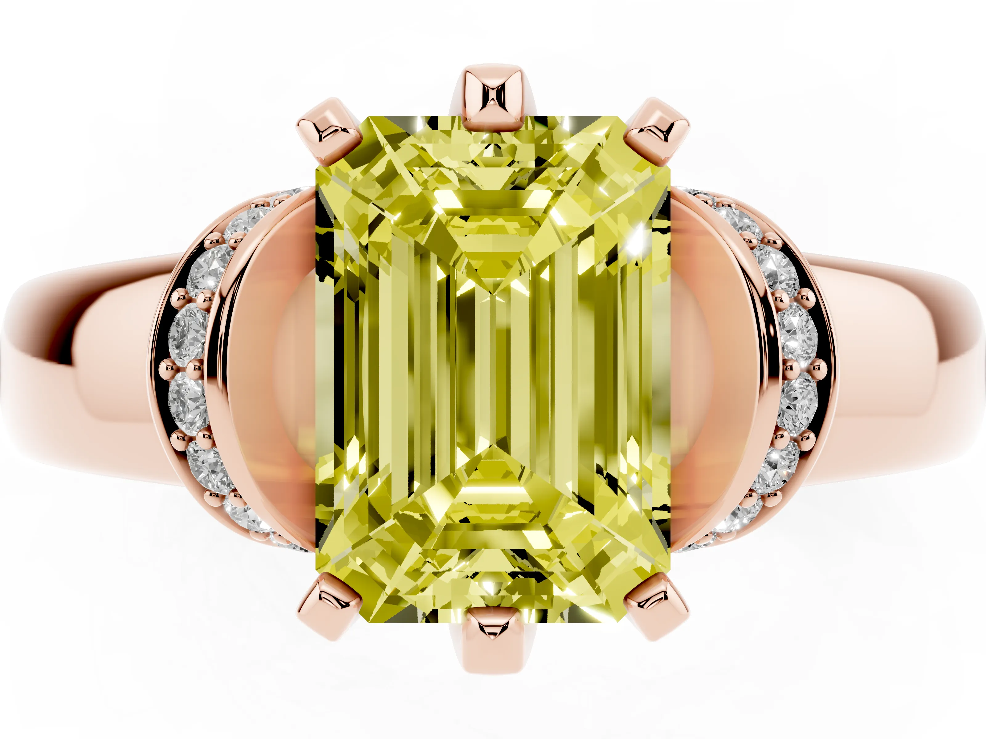 Fancy Yellow Emerald Cut Diamond Pavé Band Solitaire Ring Set in Rose gold with Prong Setting