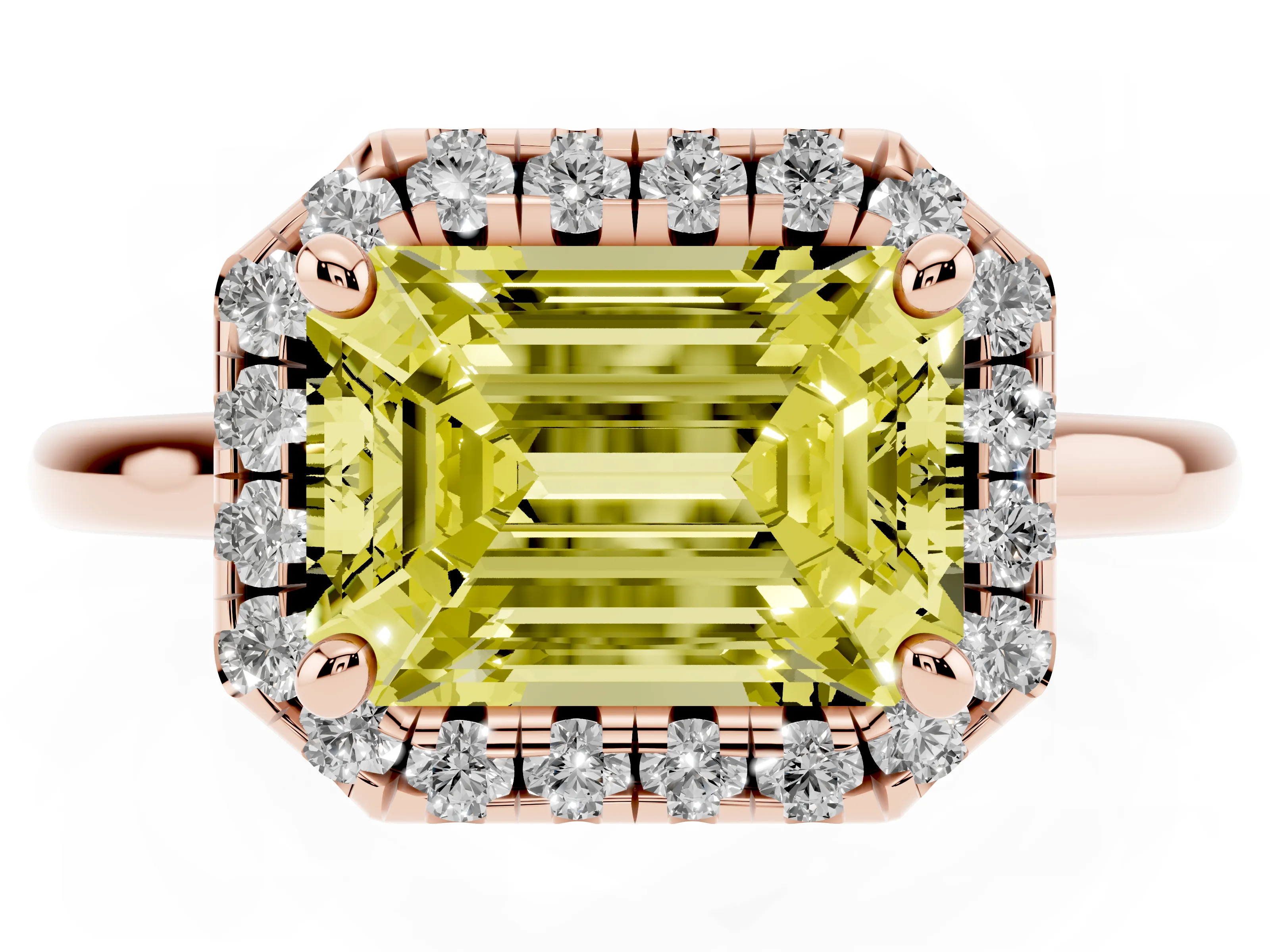 Fancy Yellow Emerald Cut Diamond Halo Engagement Ring Set in Rose gold with Pavé Band and Rising Shoulders
