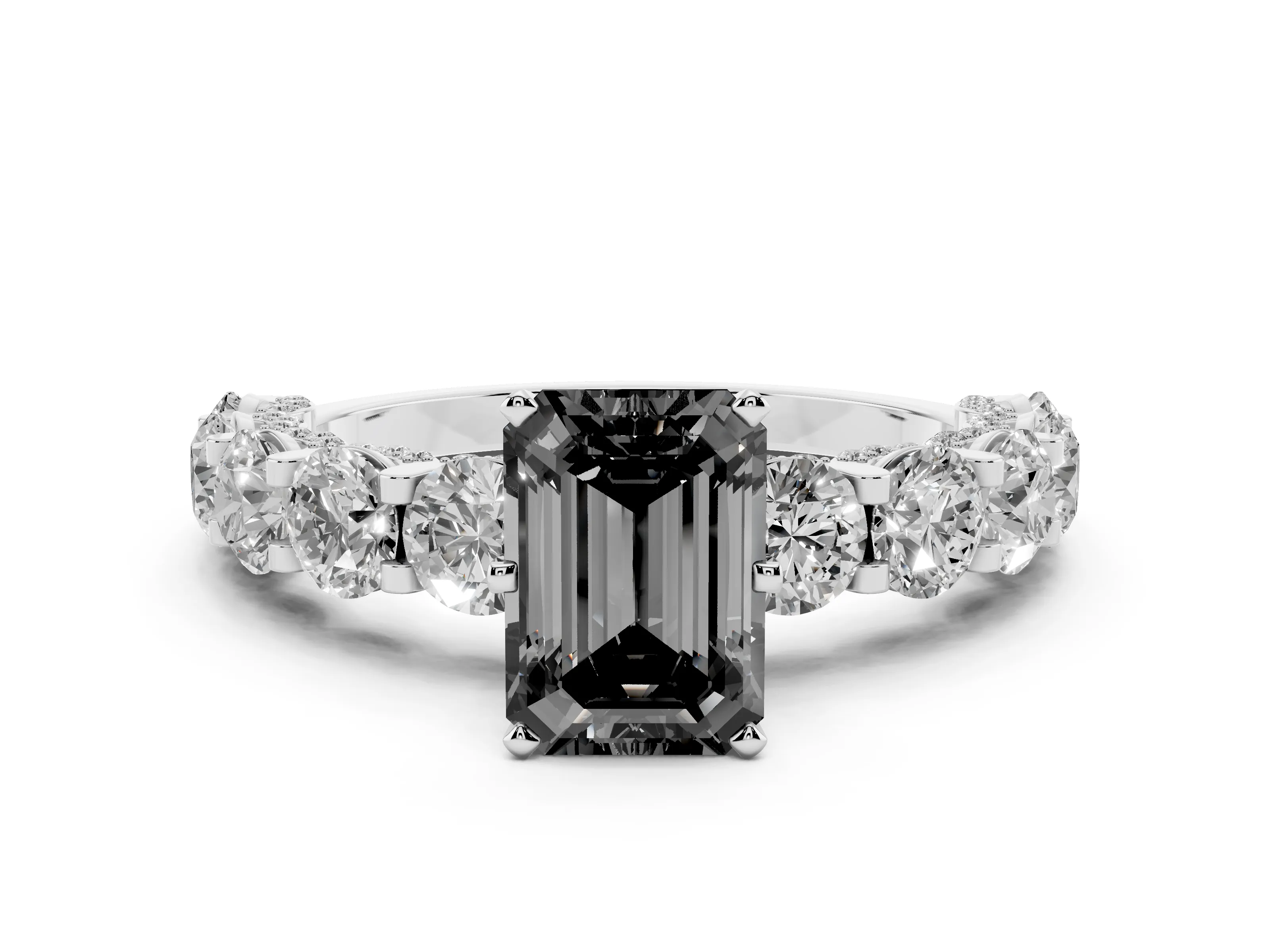 Fancy Black Emerald Cut Diamond Side Stone Ring Set in Silver with Alternating Round and Oval Side Stones