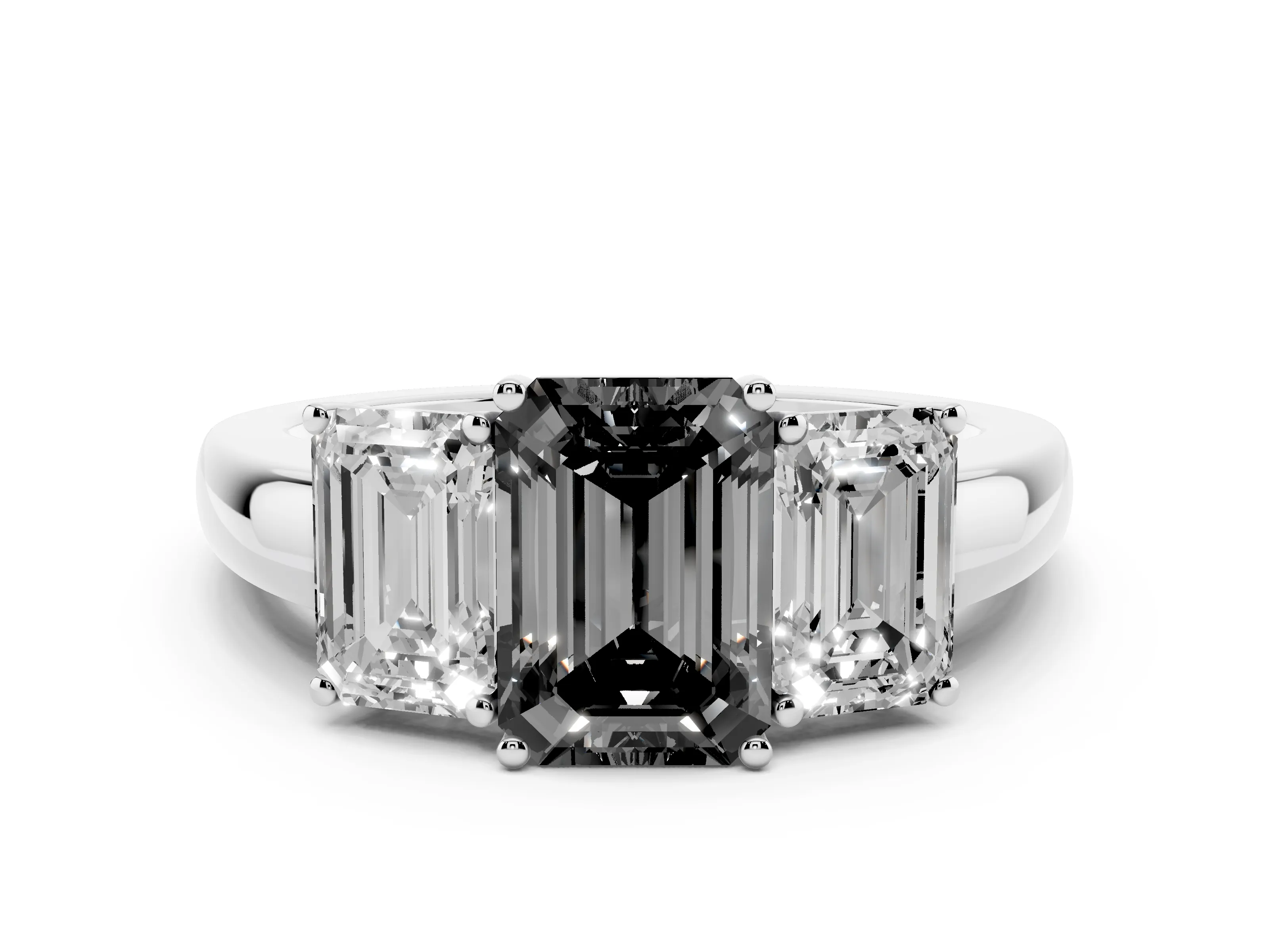 Fancy Black Emerald Cut Diamond Three-Stone Ring Set in Silver with Bold Center and Classic Band