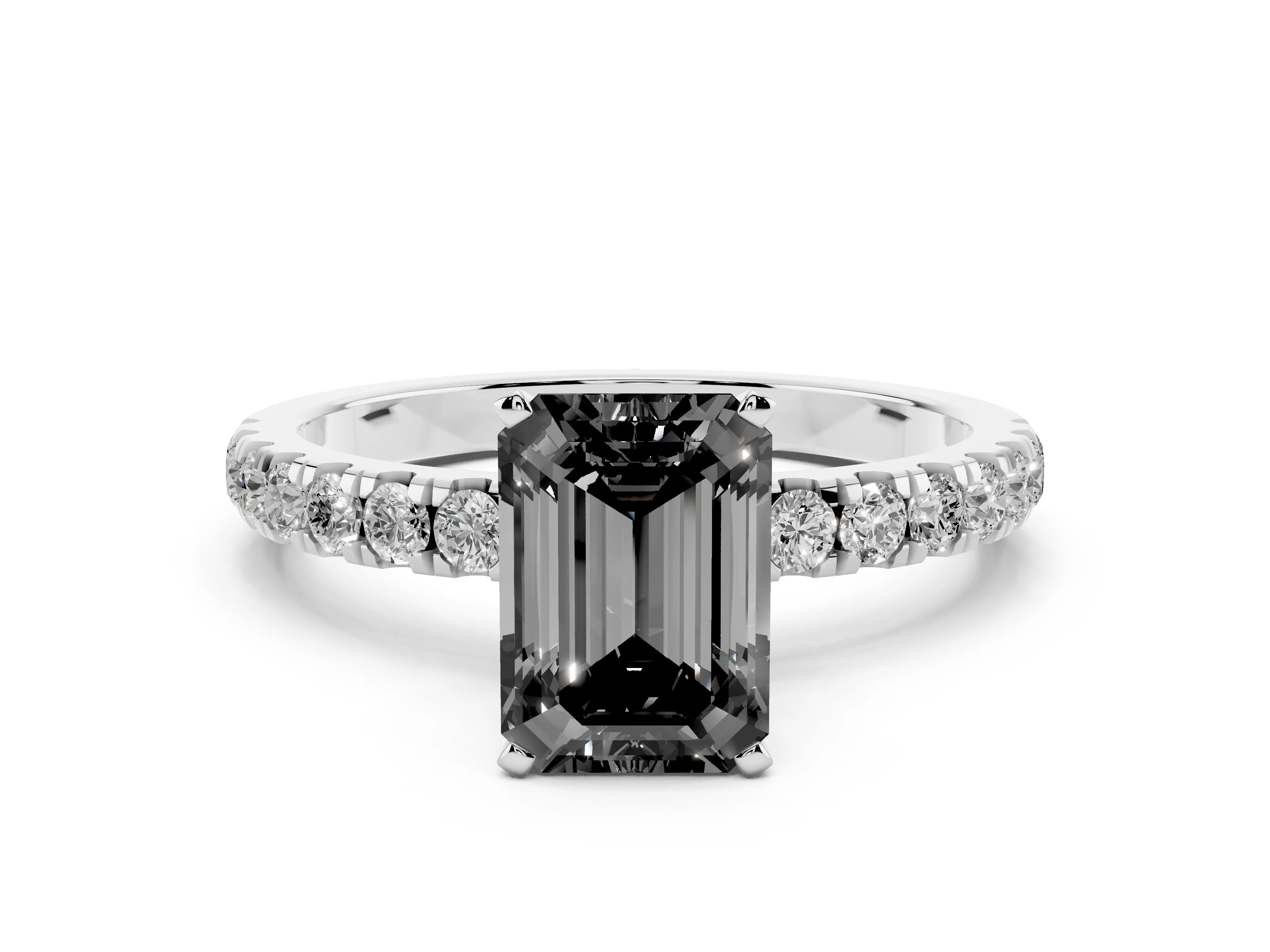 Fancy Black Emerald Cut Diamond Solitaire Ring Set in Silver with Pavé Accents and Prong Setting
