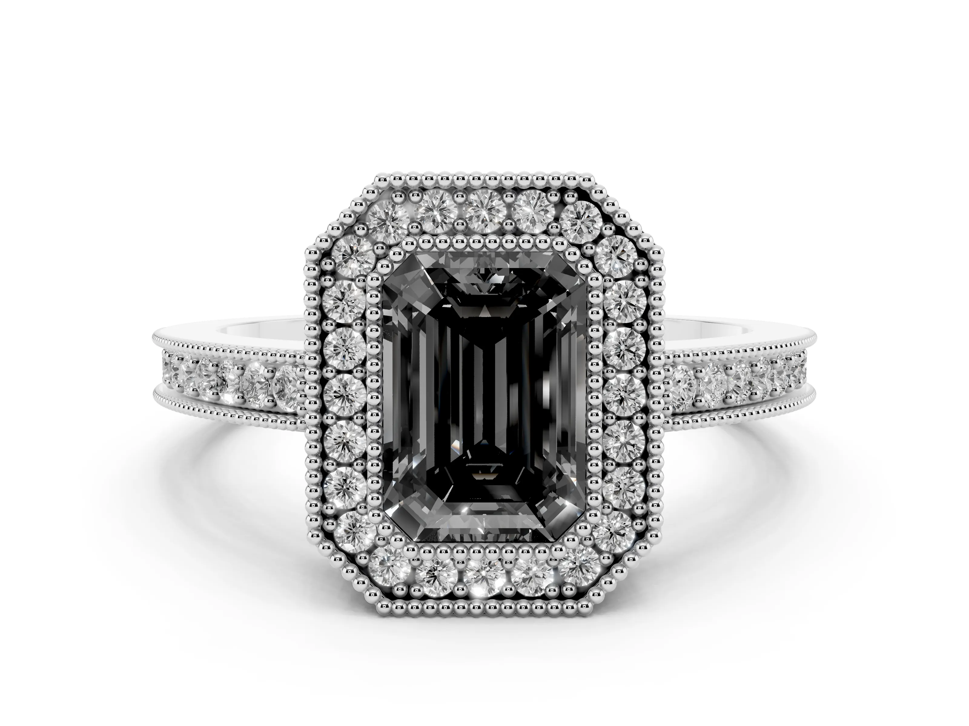 Fancy Black Emerald Cut Diamond Round Halo Ring Set in Silver with Pavé Band