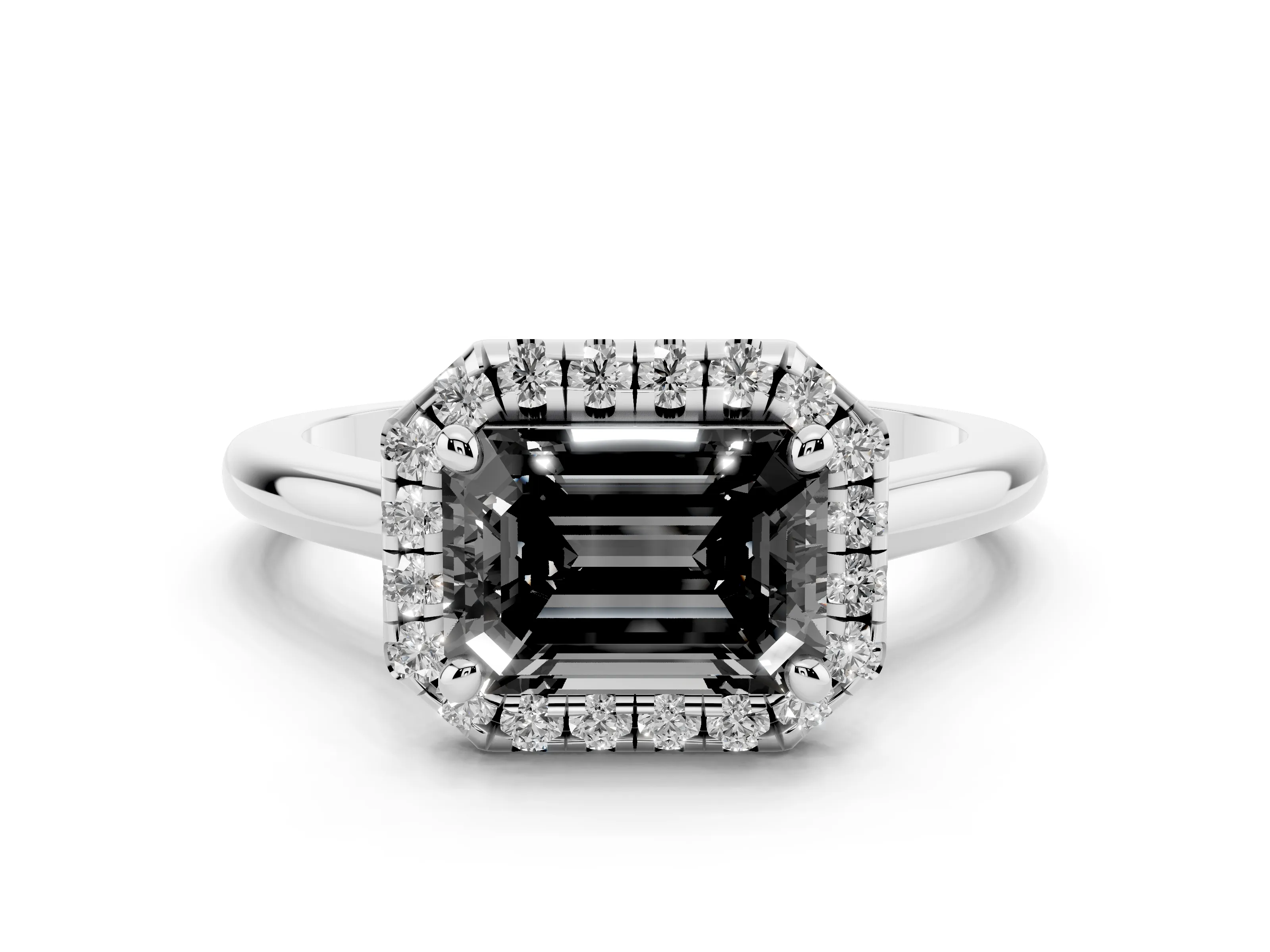 Fancy Black Emerald Cut Diamond Halo Engagement Ring Set in White gold with Pavé Band and Rising Shoulders
