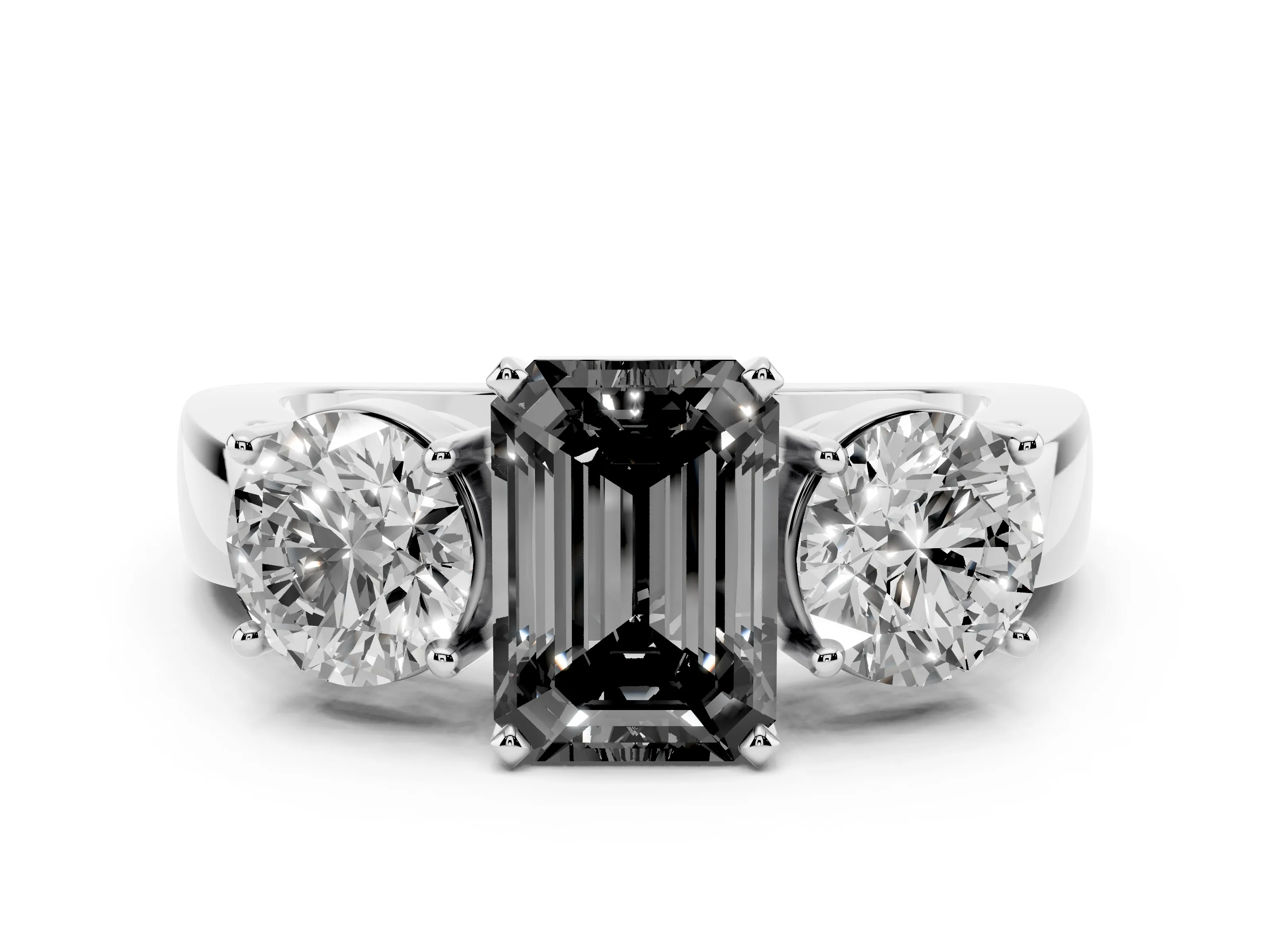 Fancy Black Emerald Cut Diamond Three-Stone Ring Set in Platinum with Round Side Stones and Classic Band
