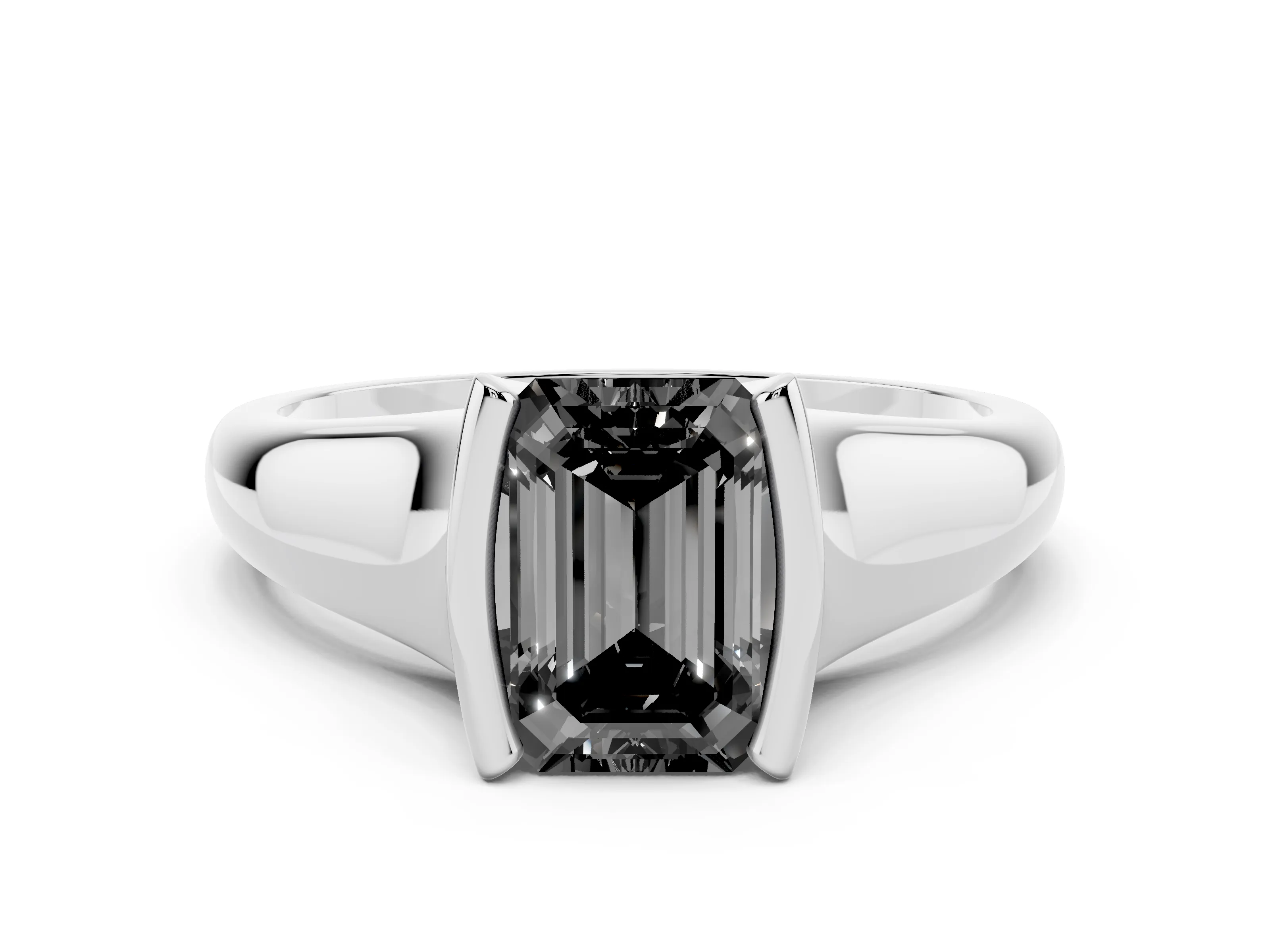 Fancy Black Emerald Cut Diamond Solitaire Tension Set Ring Set in White gold with Split Shank Band