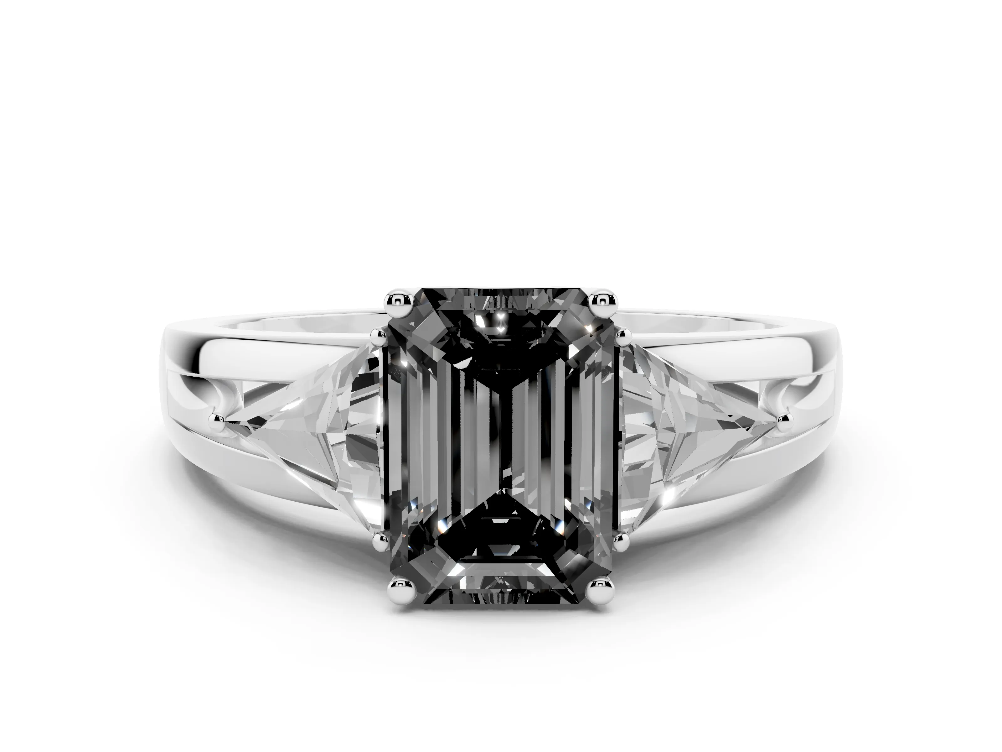 Fancy Black Emerald Cut Diamond Three-Stone Ring Set in White gold with Trillion Side Stones and Split Shank