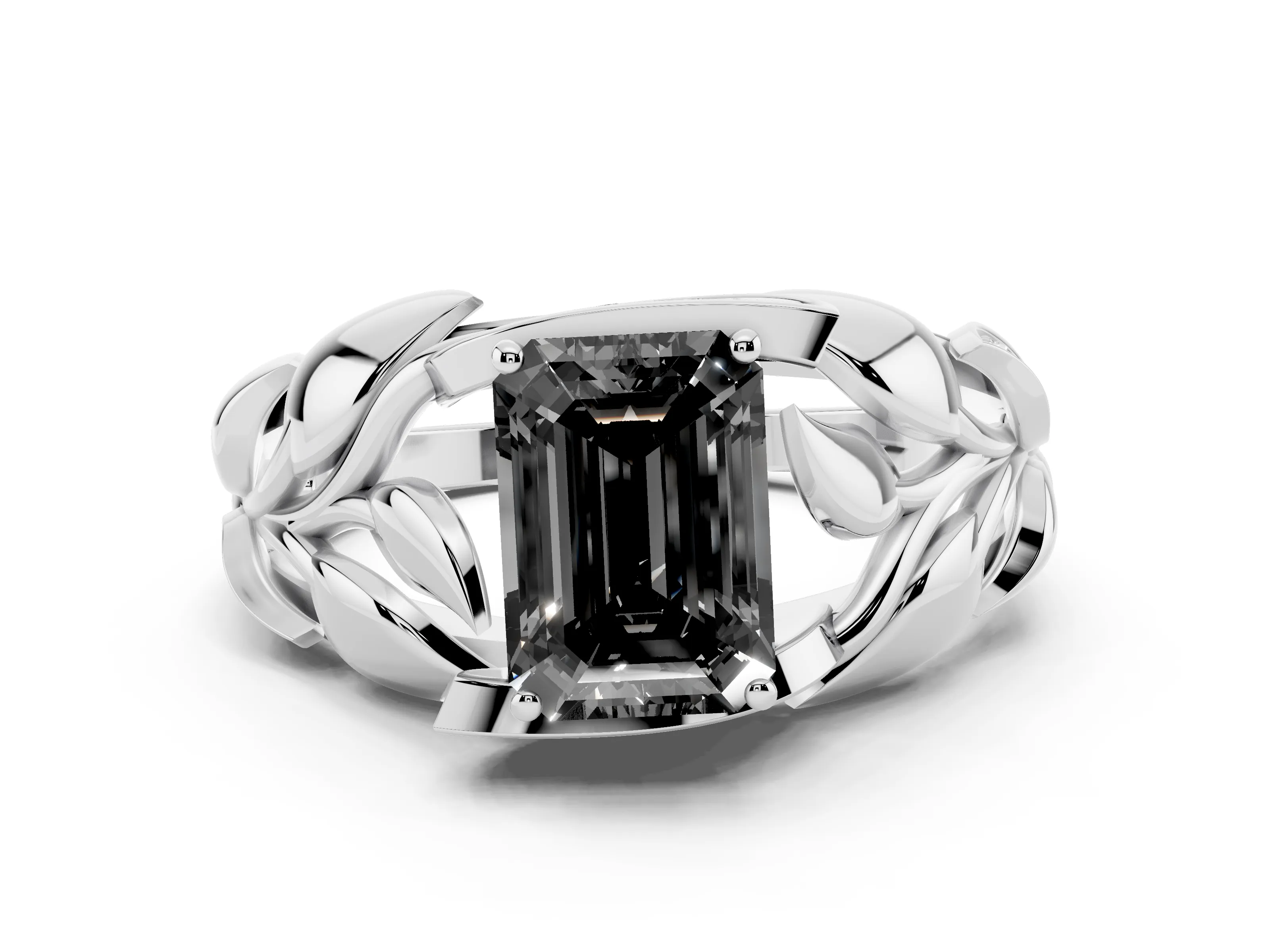 Fancy Black Emerald Cut Diamond Leaf-Inspired Engagement Ring Set in Silver with Round Accents