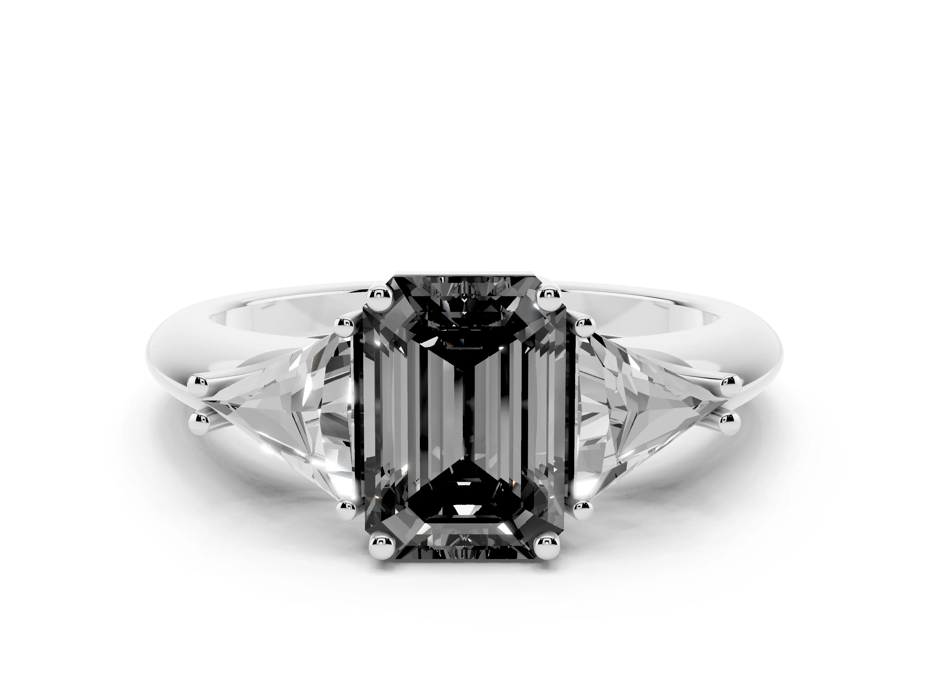 Fancy Black Emerald Cut Diamond Three-Stone Engagement Ring Set in Platinum with Trillion Side Stones