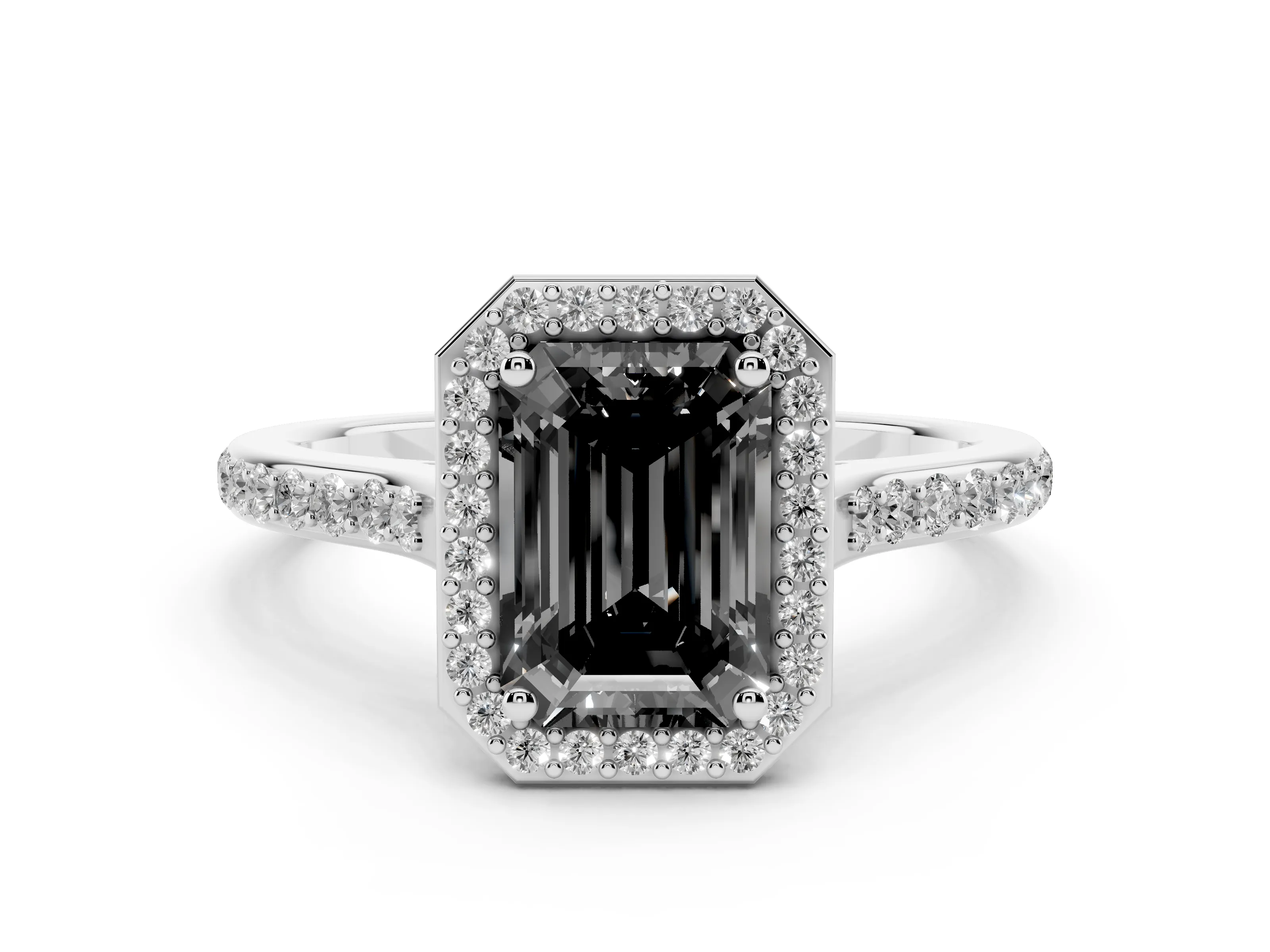 Fancy Black Emerald Cut Diamond Halo Engagement Ring Set in Platinum with Round Pavé Shoulders and Heart Gallery