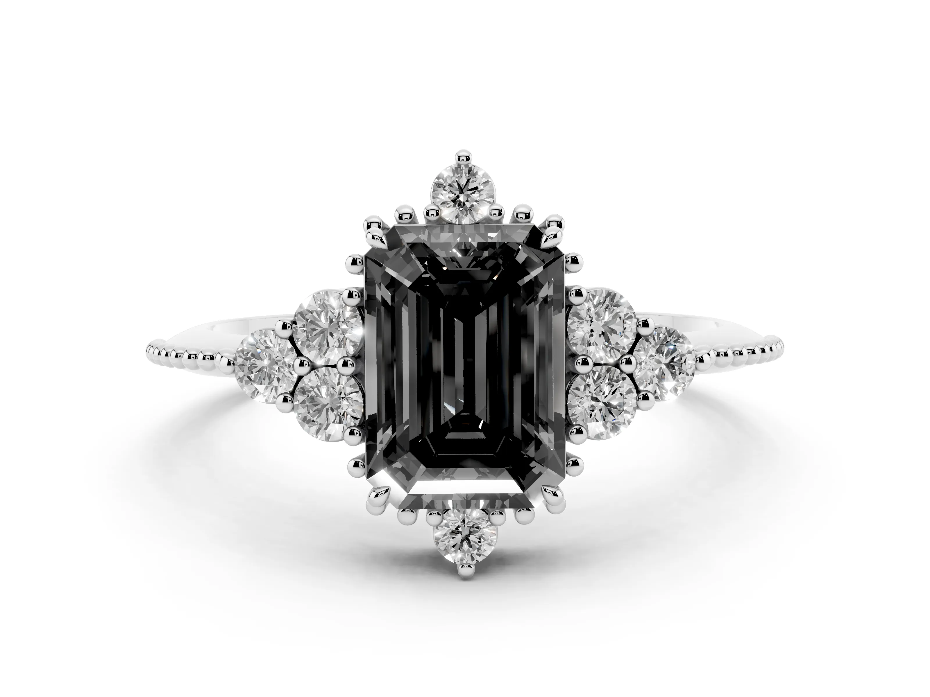 Fancy Black Emerald Cut Diamond Cluster Ring Set in Platinum with Beaded Band