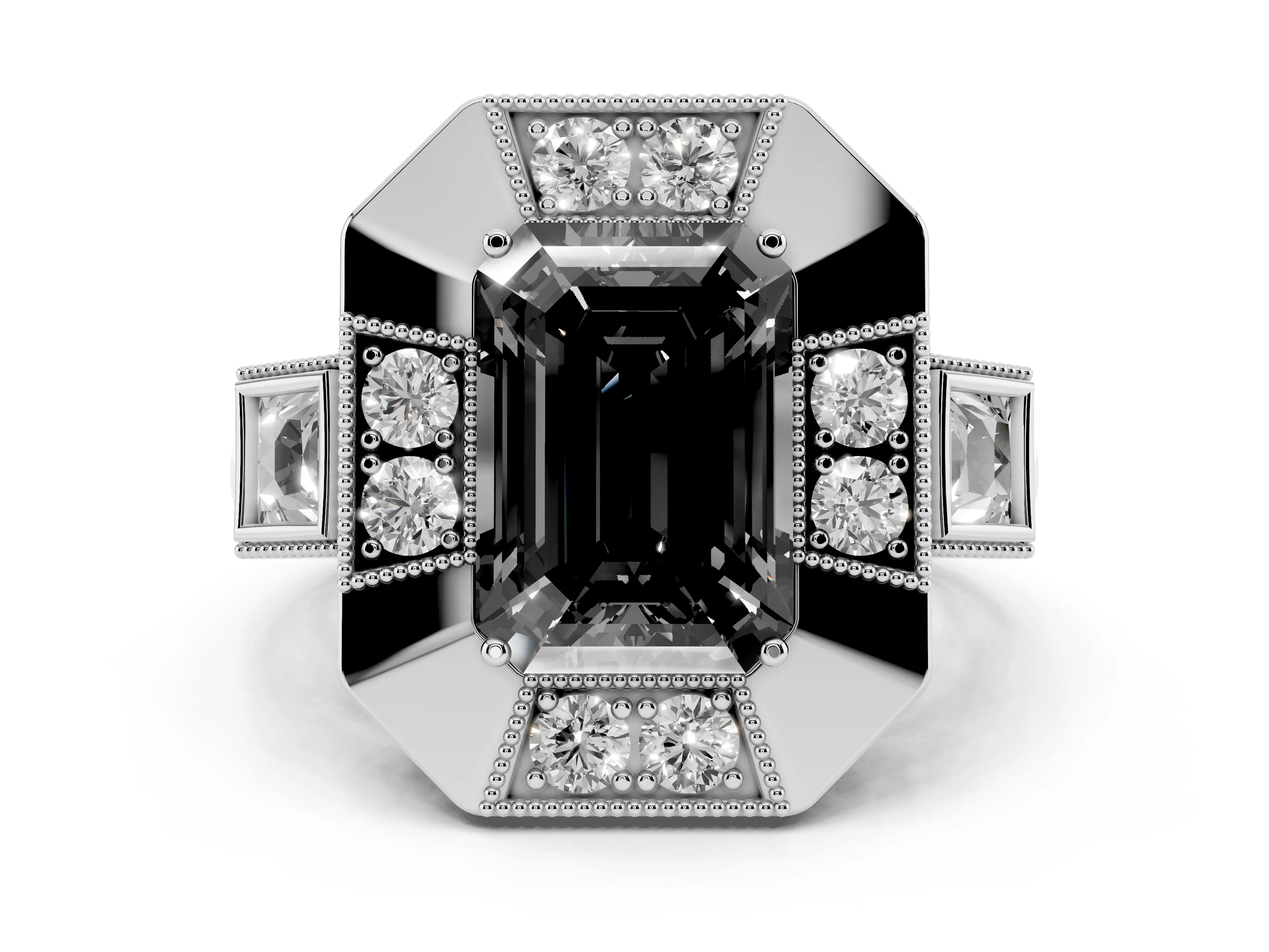 Fancy Black Emerald Cut Diamond Milgrain Halo Ring Set in Silver with Split Shank