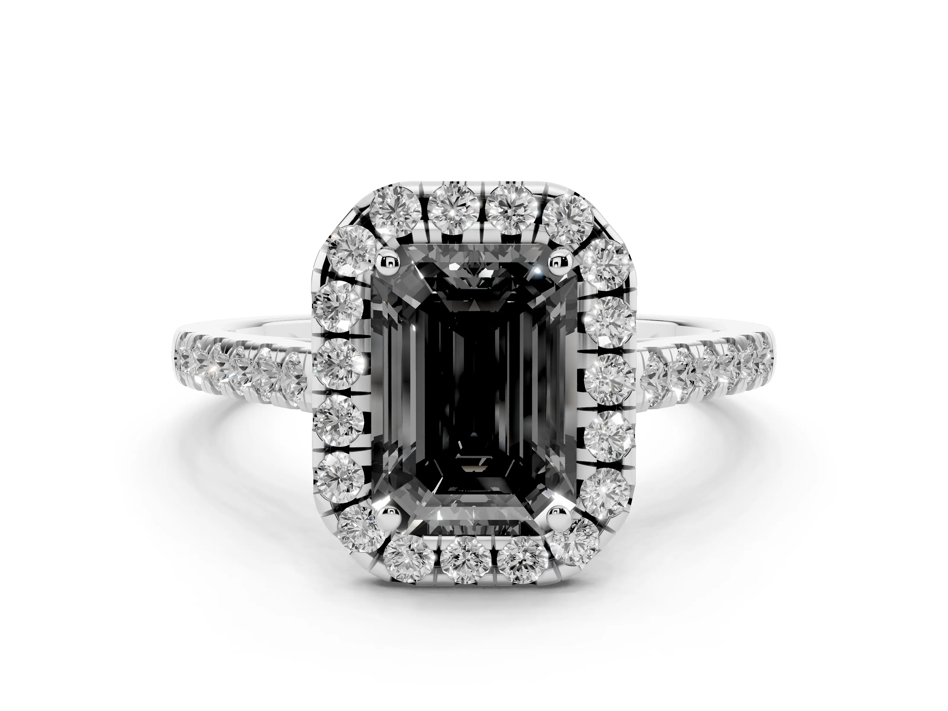 Fancy Black Emerald Cut Diamond Halo Pavé Engagement Ring Set in Platinum with Prong Setting