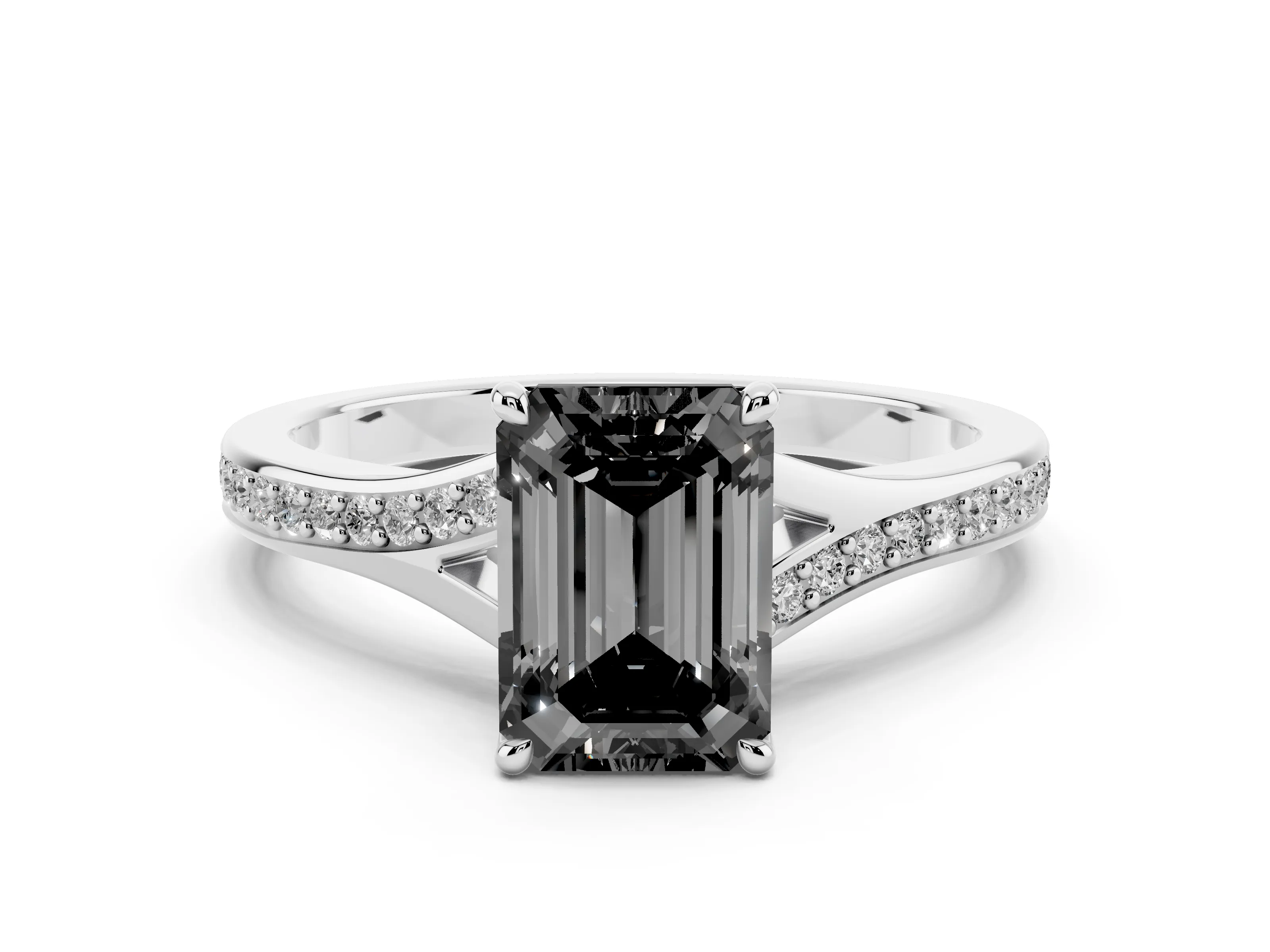 Fancy Black Emerald Cut Diamond Solitaire Ring Set in Platinum with Pavé Accent Band and Classic Prong Setting