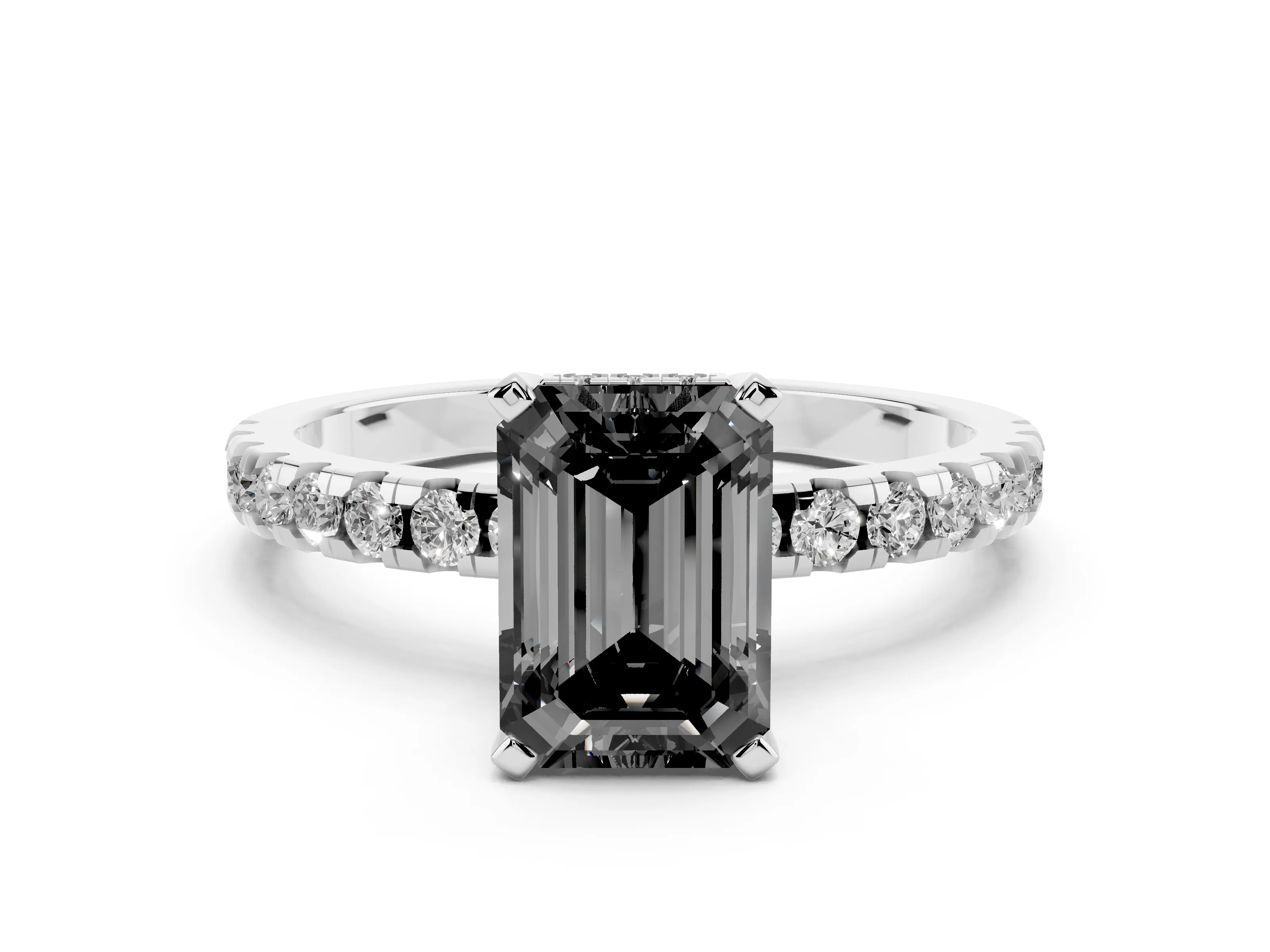 Fancy Black Emerald Cut Diamond Pavé Solitaire Ring Set in Platinum with Round Band Accents and Prong Setting