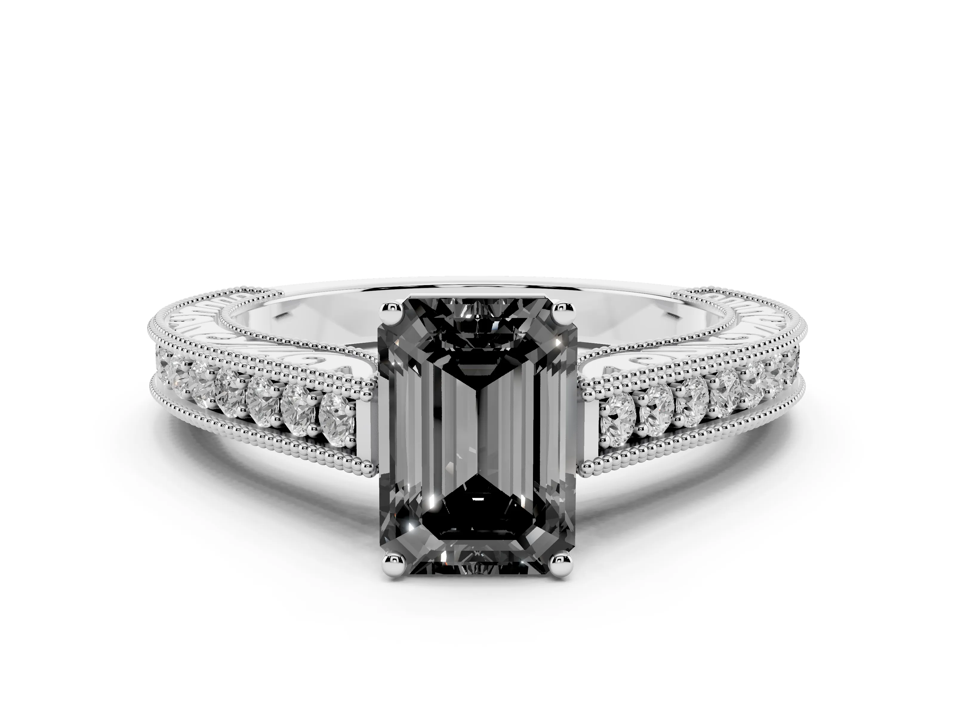 Fancy Black Emerald Cut Diamond Milgrain Pavé Band Solitaire Ring Set in White gold with Prong Setting