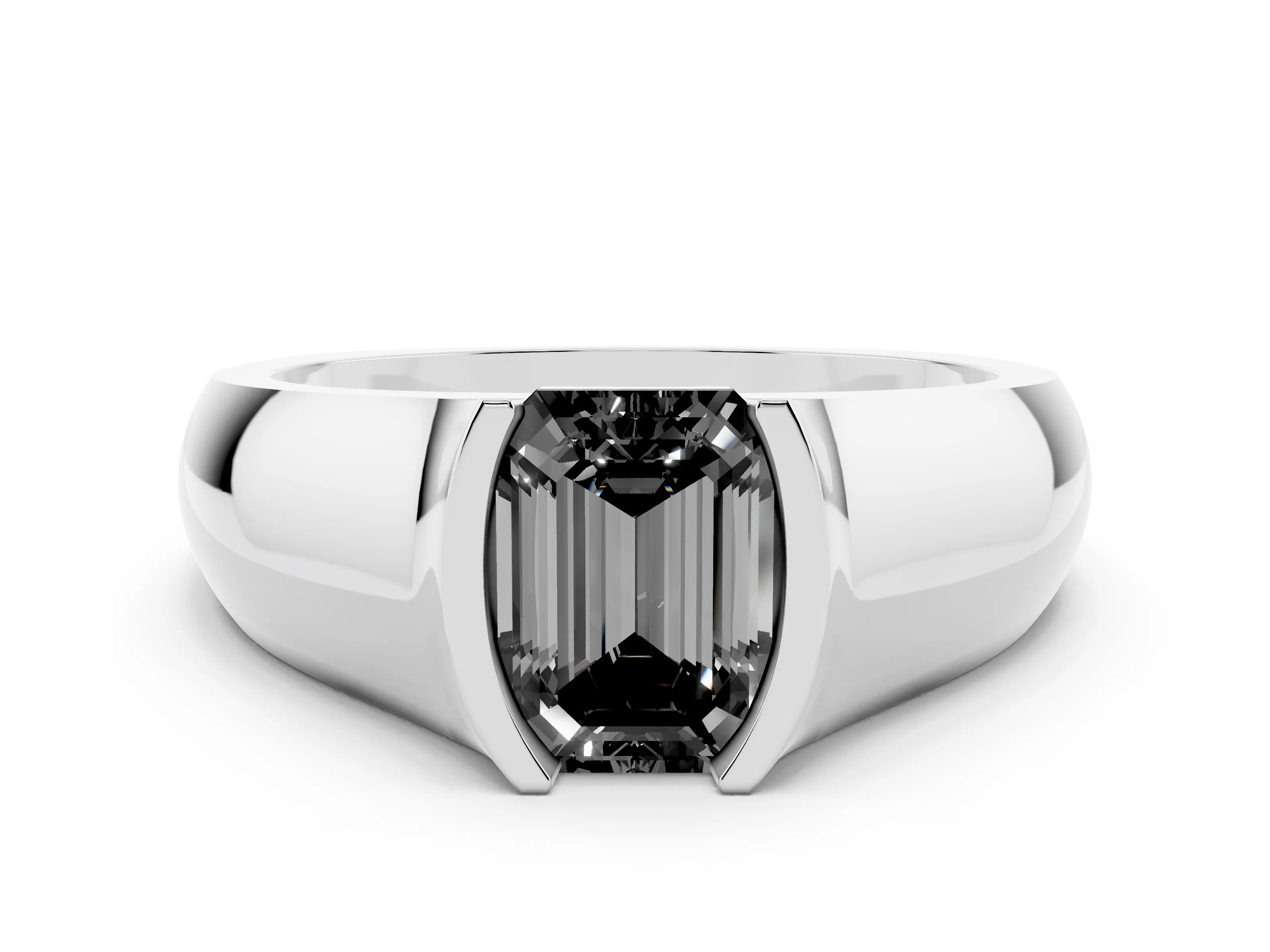 Fancy Black Emerald Cut Diamond Bezel Solitaire Ring Set in Silver with Wide Band