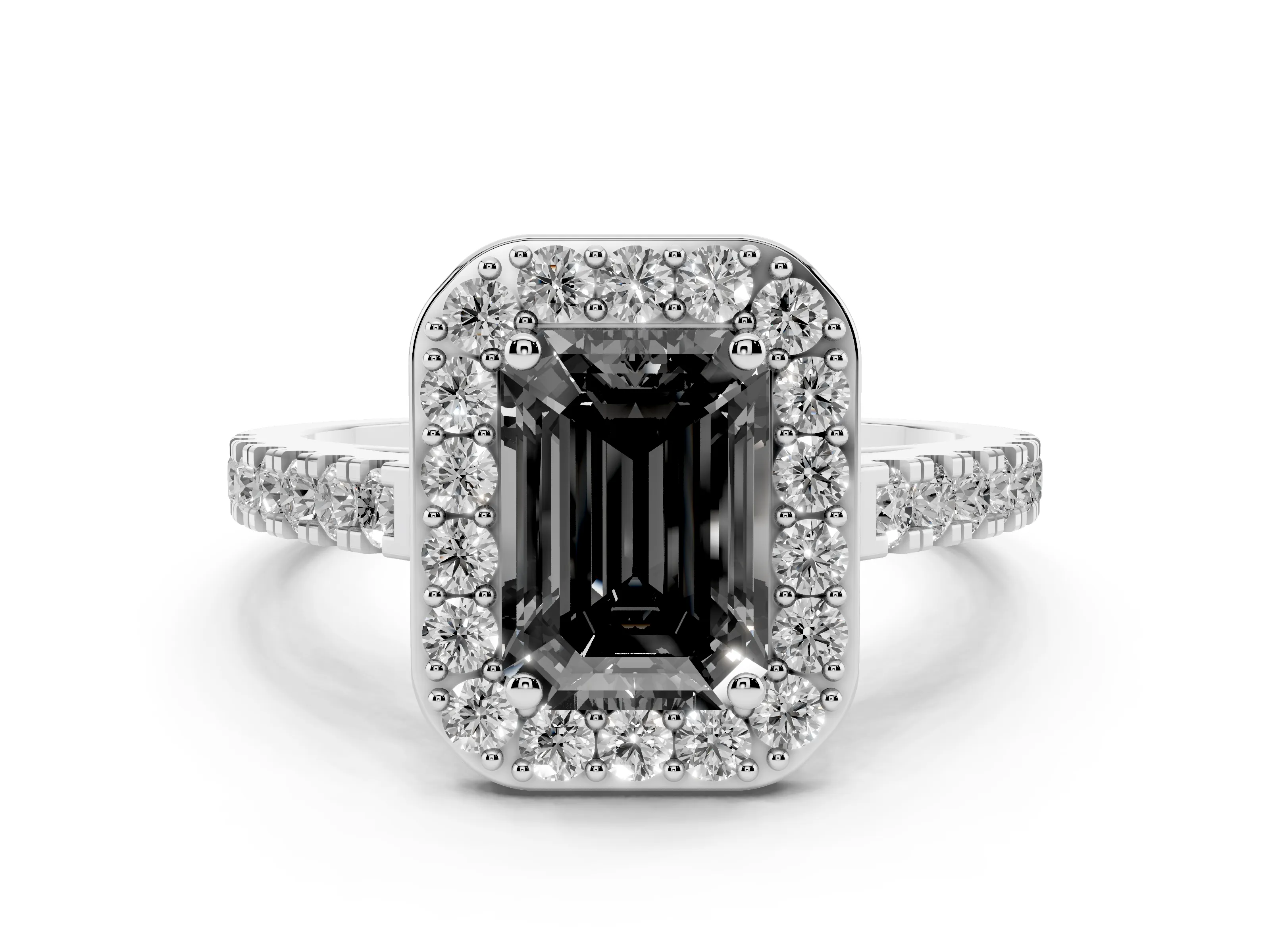 Fancy Black Emerald Cut Diamond Halo Ring Set in Silver with Round Pavé Split Shank and Prong Setting