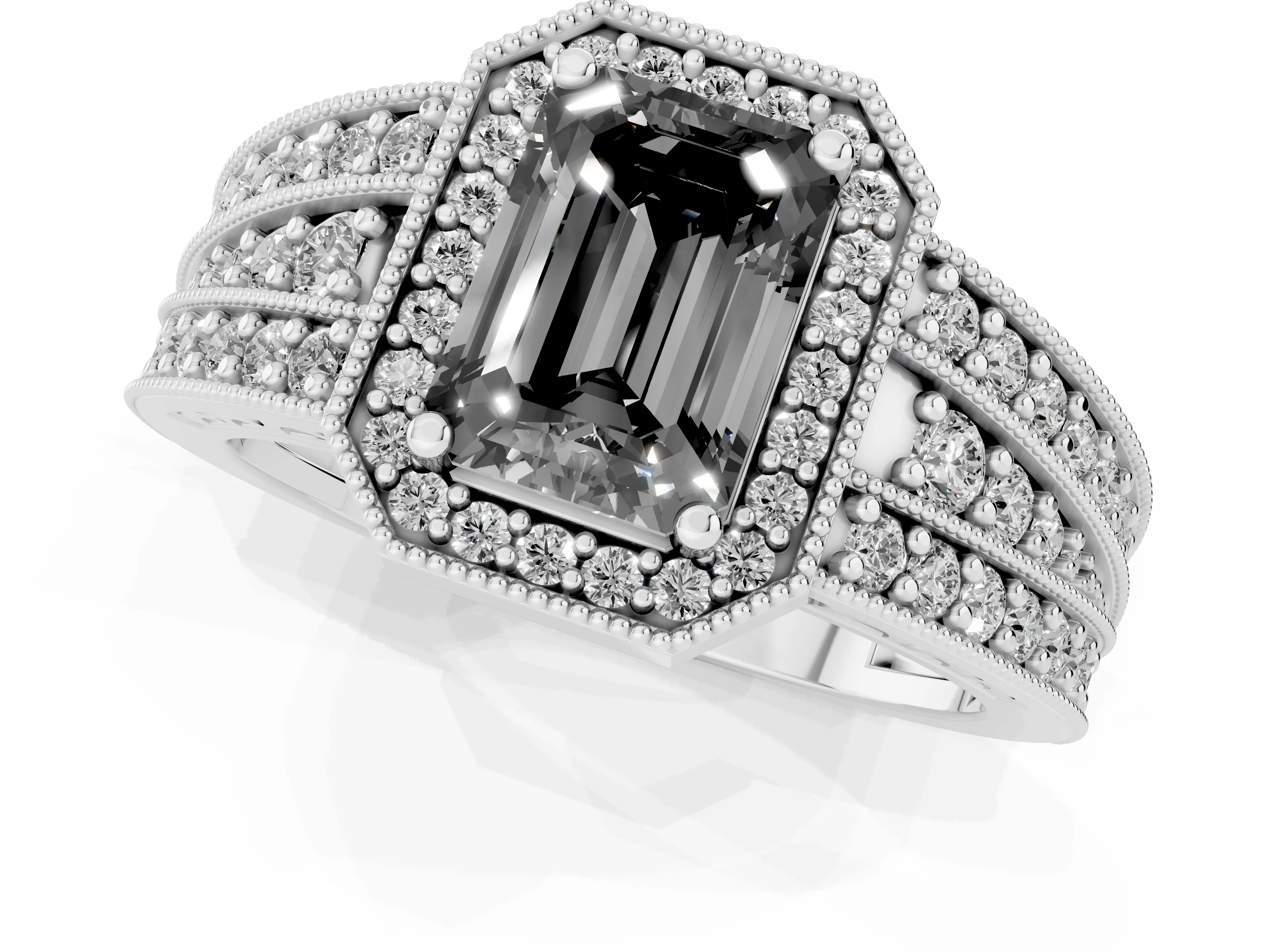 Fancy Black Emerald Cut Diamond Halo Ring Set in White gold with Accent Split Shank and Prong Setting – second view