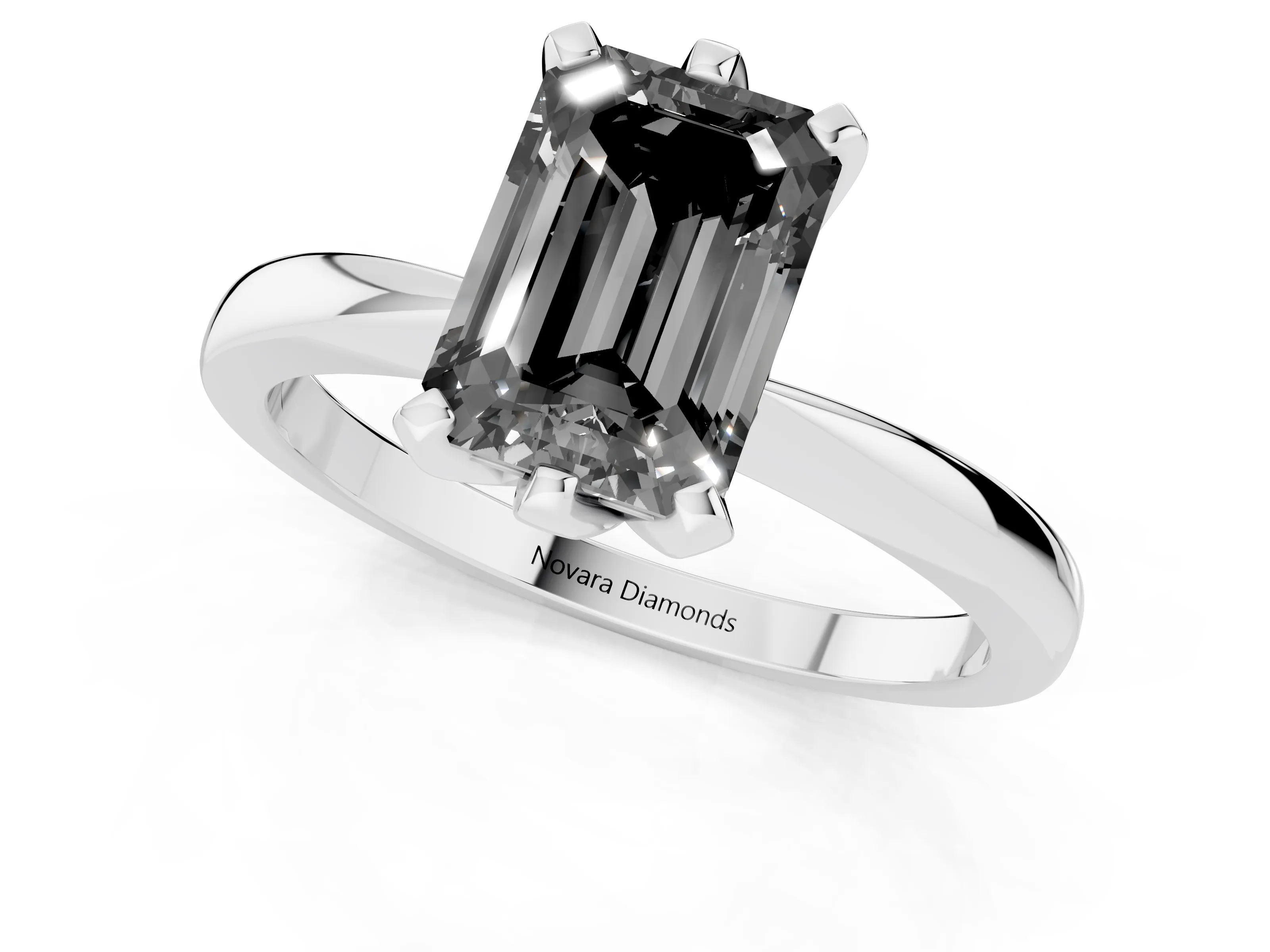 Fancy Black Emerald Cut Diamond Solitaire Engagement Ring Set in Platinum with Slim Tapered Solitaire Band