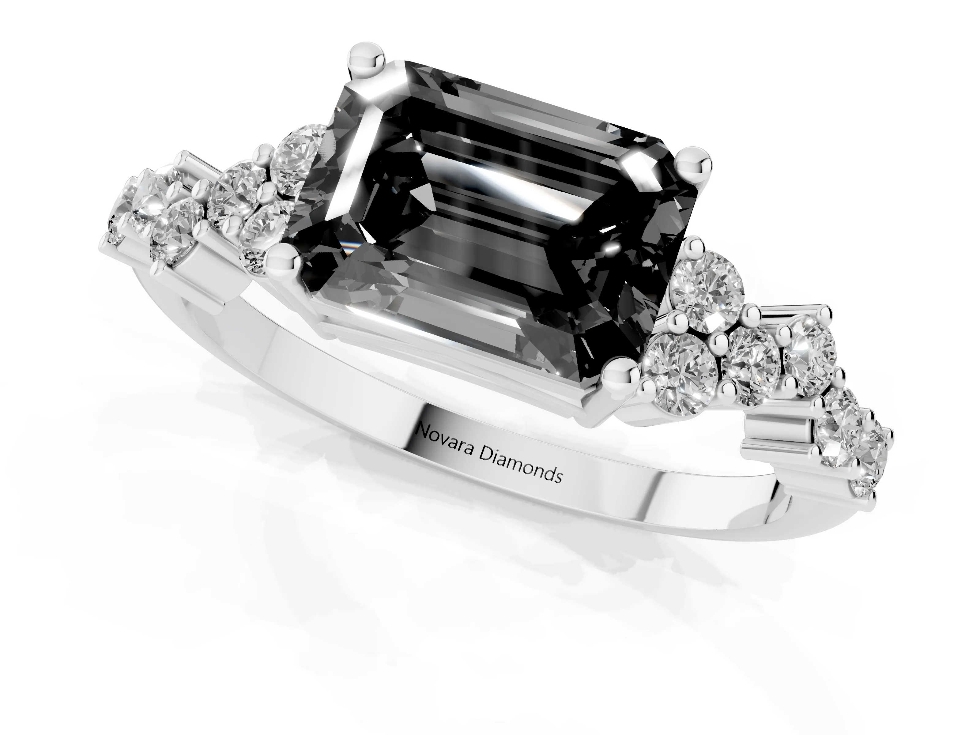 Fancy Black Emerald Cut Diamond Ring Set in Silver with Scattered Round Accents