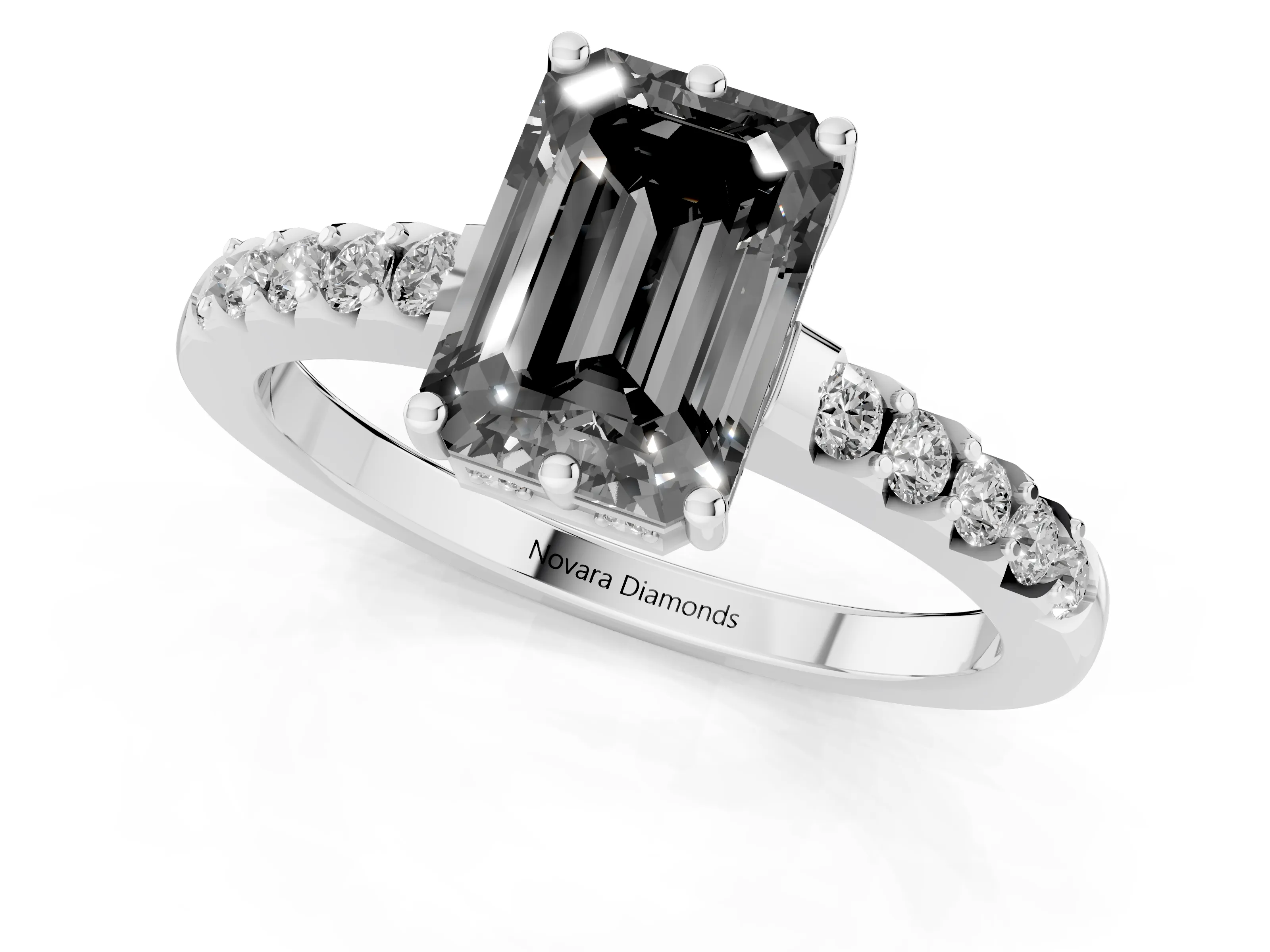 Fancy Black Emerald Cut Diamond Solitaire Engagement Ring Set in White gold with Pavé Band and Prong Setting
