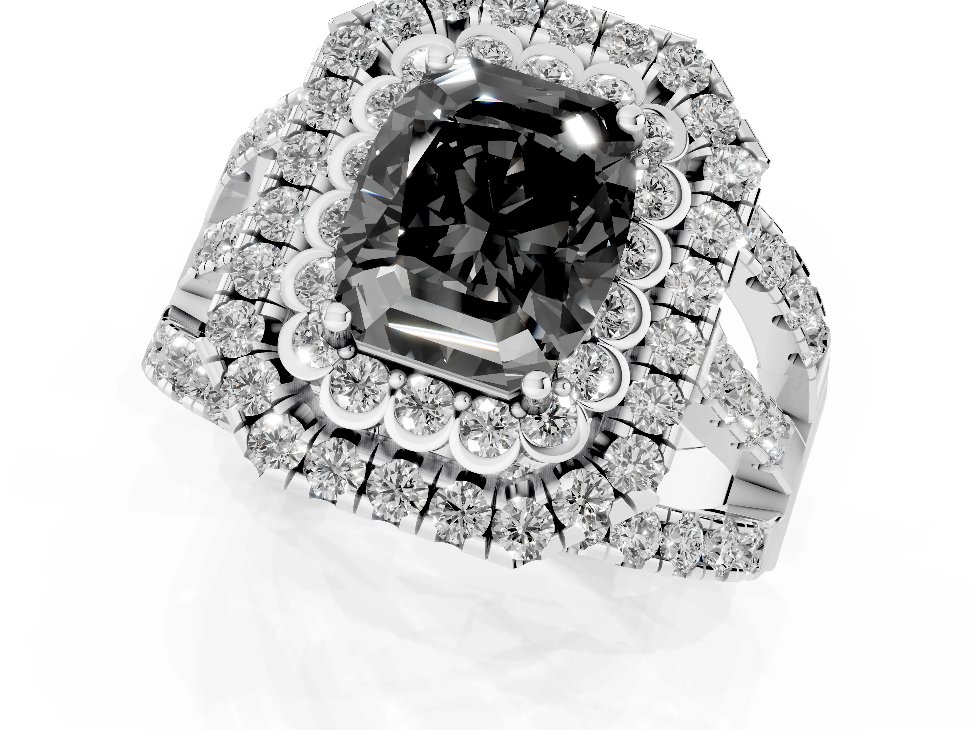 Fancy Black Emerald Cut Diamond Double Halo Ring Set in Silver with Round Pavé Split Shank
