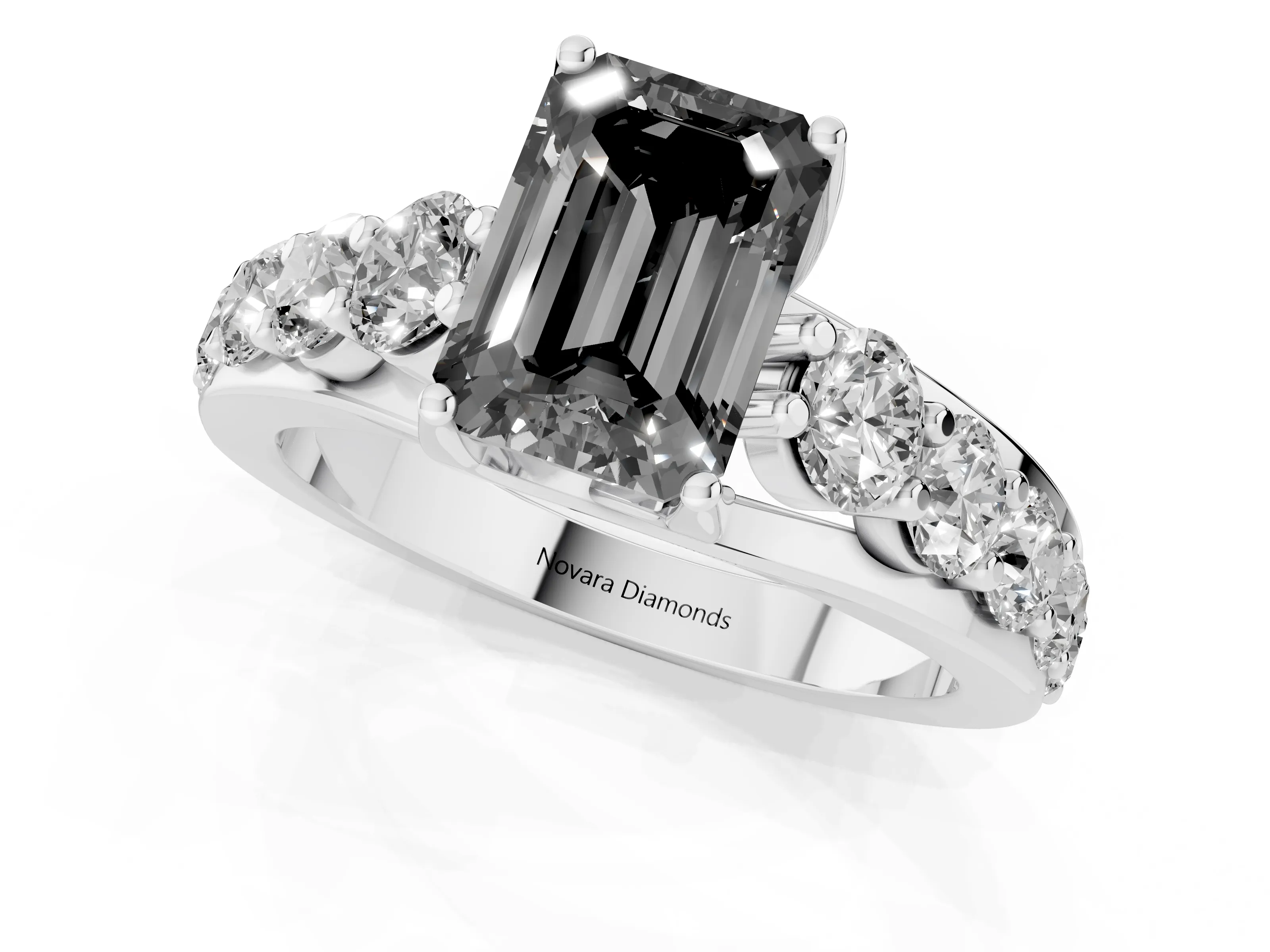 Fancy Black Emerald Cut Diamond Pavé Engagement Ring Set in White gold with Prong Setting