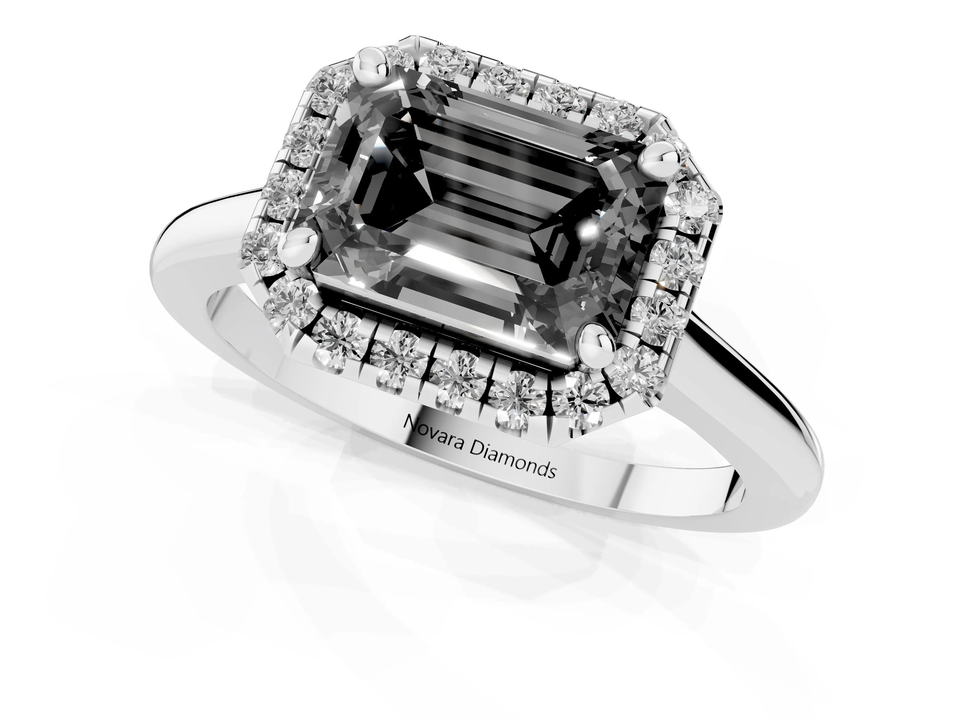 Fancy Black Emerald Cut Diamond Halo Engagement Ring Set in White gold with Pavé Band and Rising Shoulders