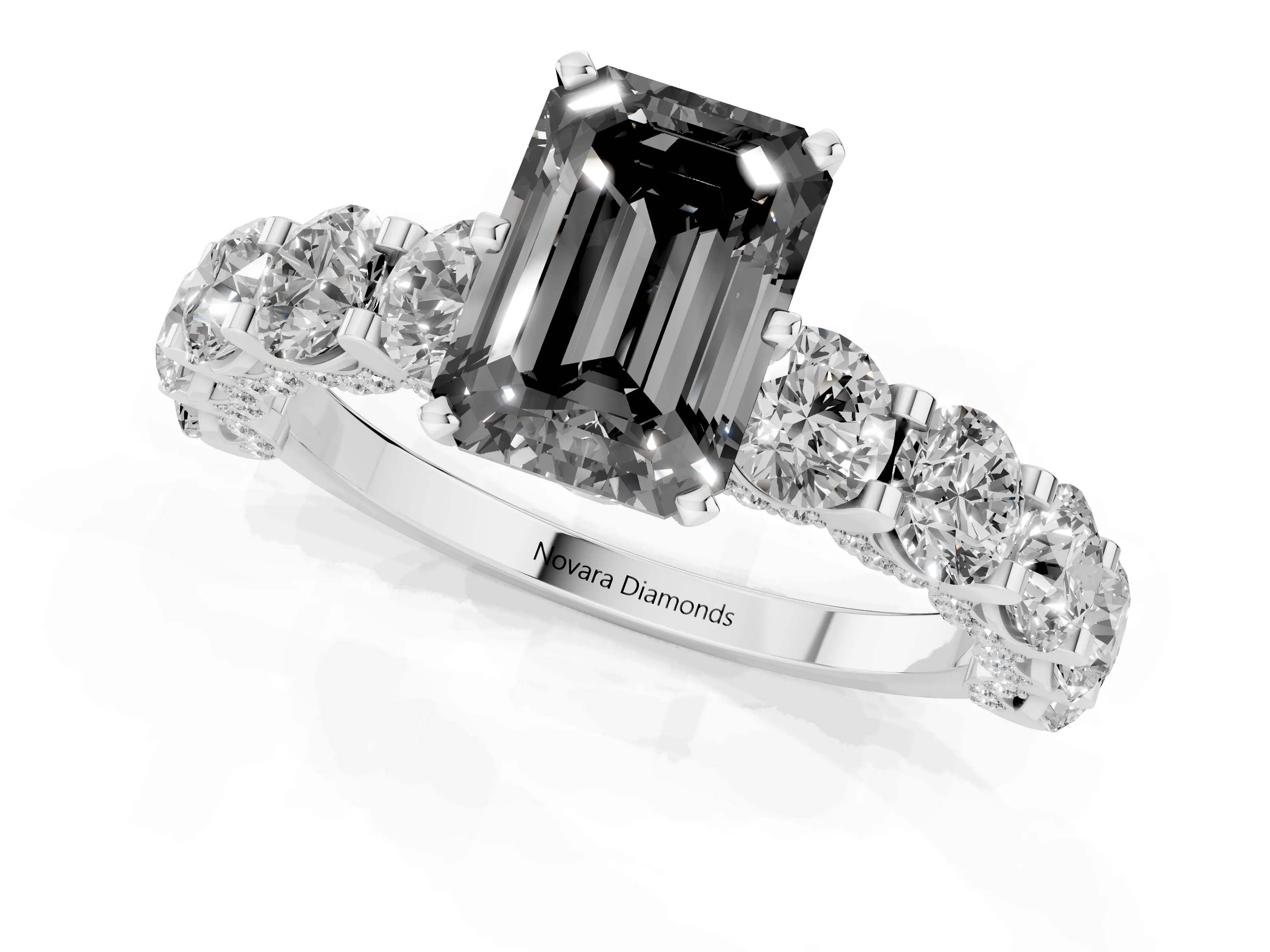 Fancy Black Emerald Cut Diamond Side Stone Ring Set in Silver with Alternating Round and Oval Side Stones – second view