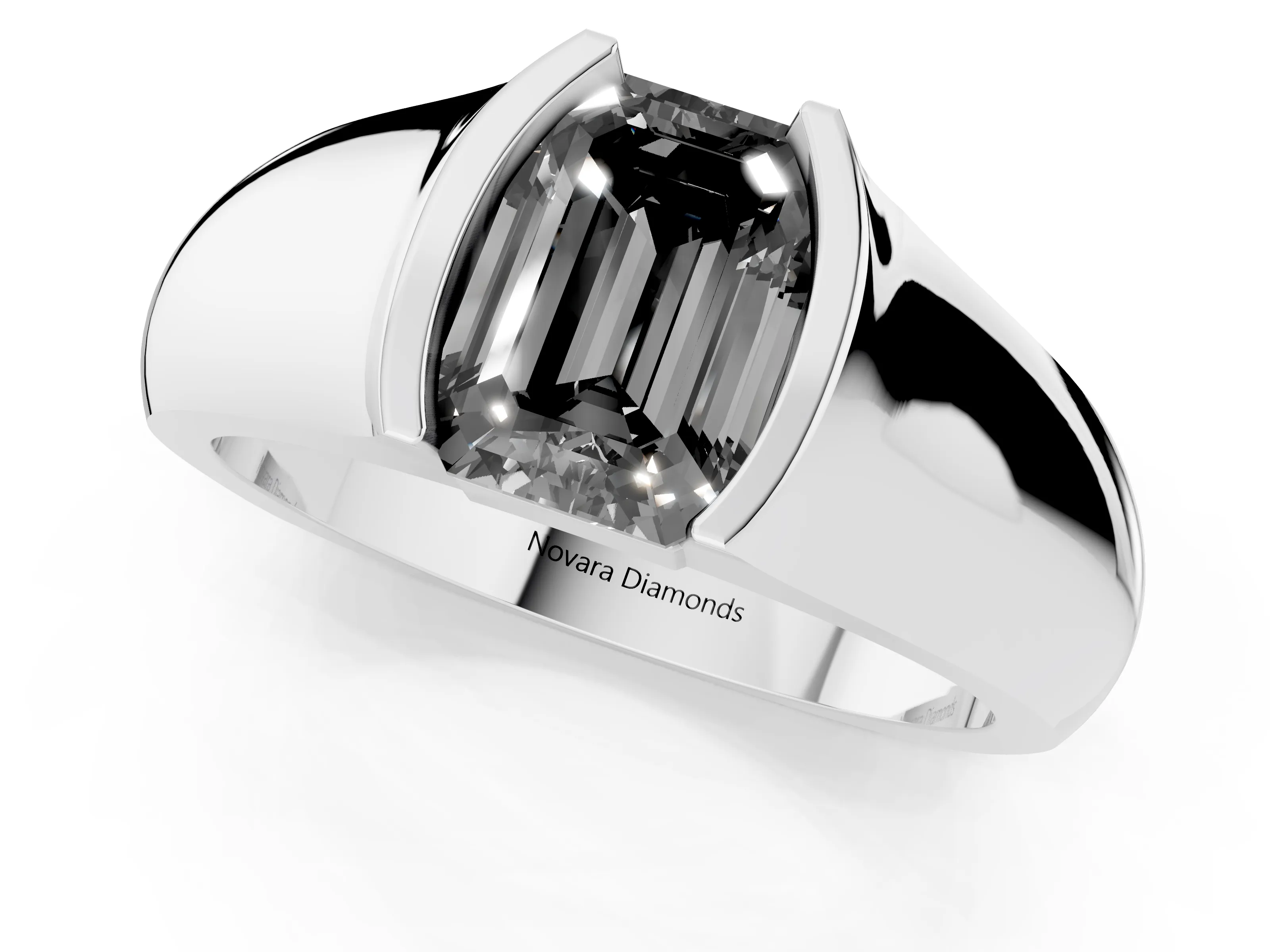 Fancy Black Emerald Cut Diamond Bezel Solitaire Ring Set in Silver with Wide Band
