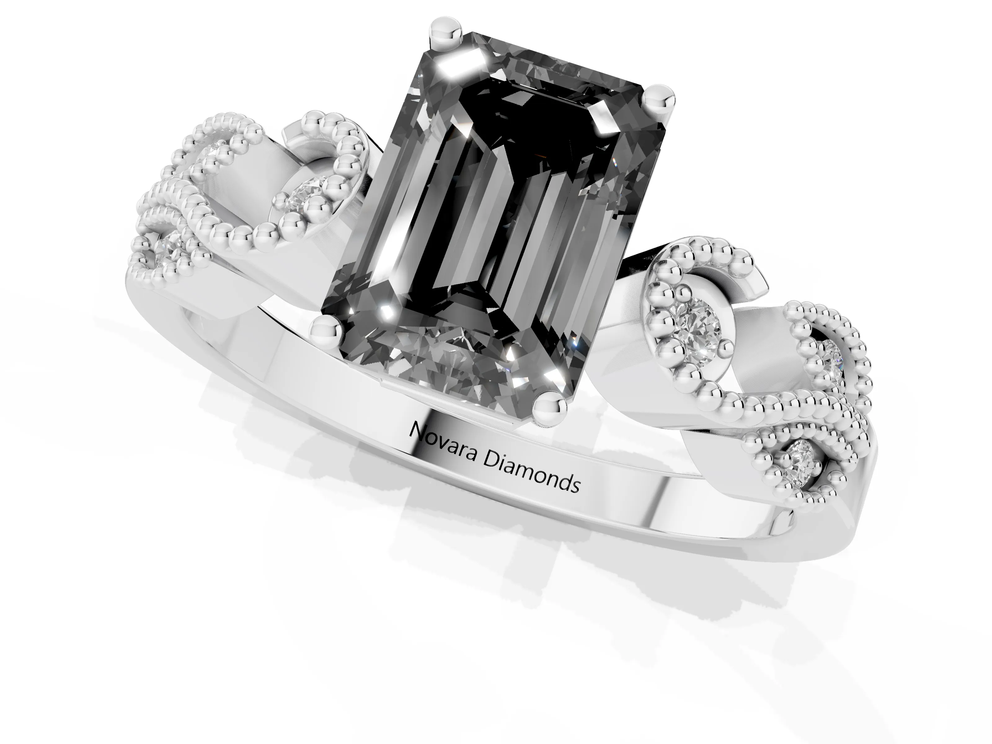 Fancy Black Emerald Cut Diamond Milgrain Leaf Band Solitaire Ring Set in Silver with Accent Stones and Prong Setting