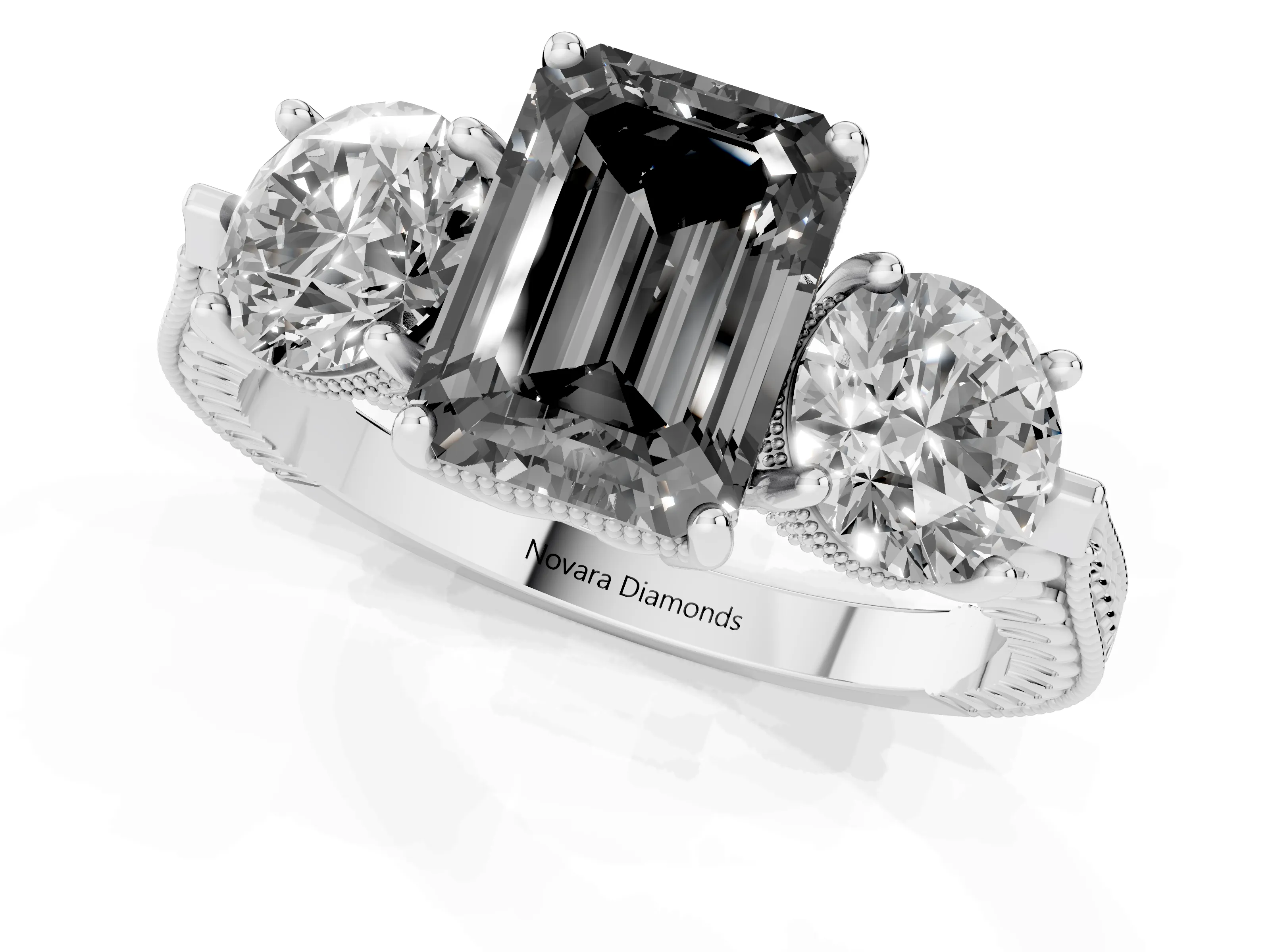 Fancy Black Emerald Cut Diamond Three-Stone Ring Set in Silver with Milgrain Band
