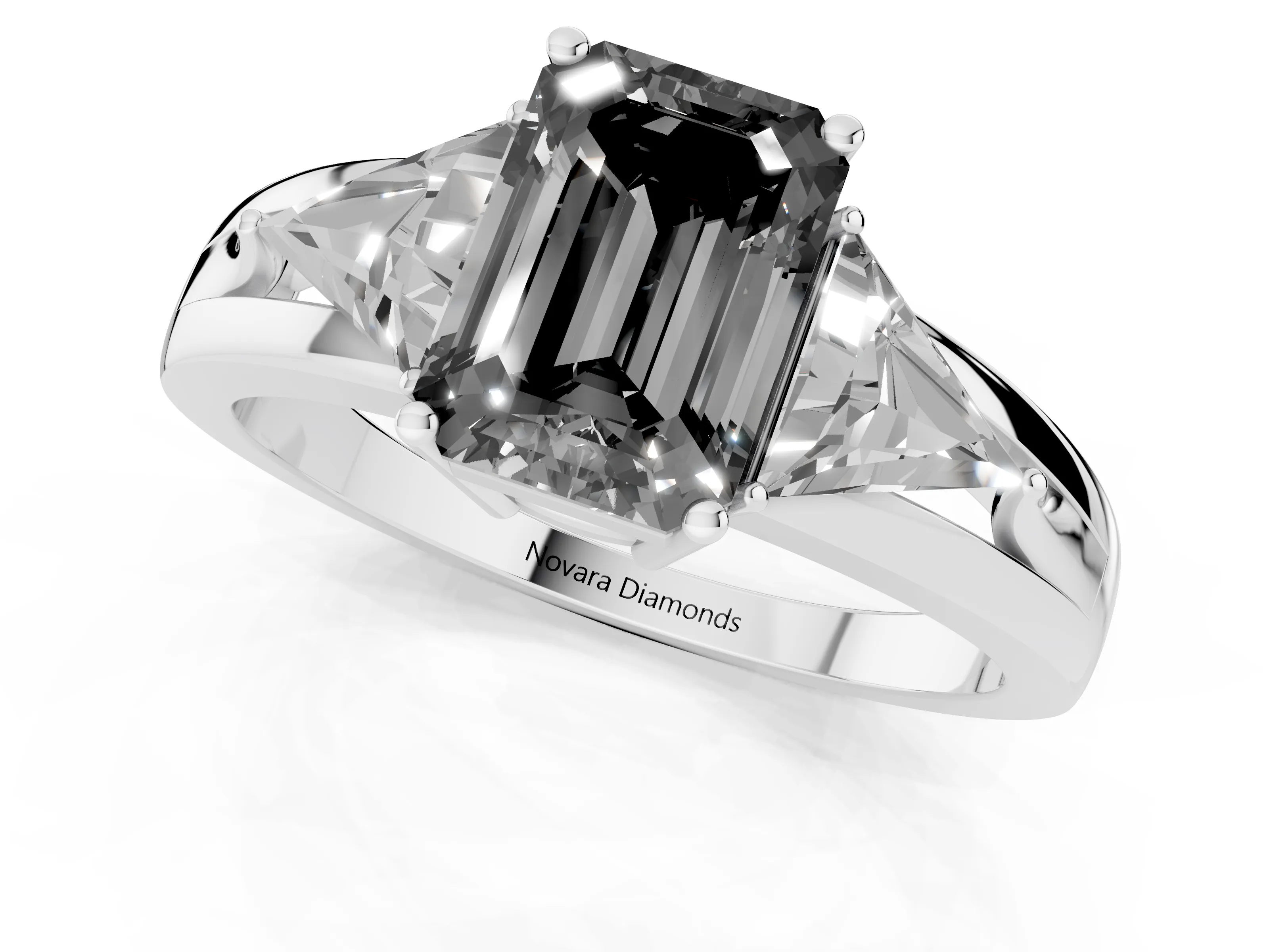 Fancy Black Emerald Cut Diamond Three-Stone Ring Set in Silver with Trillion Side Stones and Split Shank