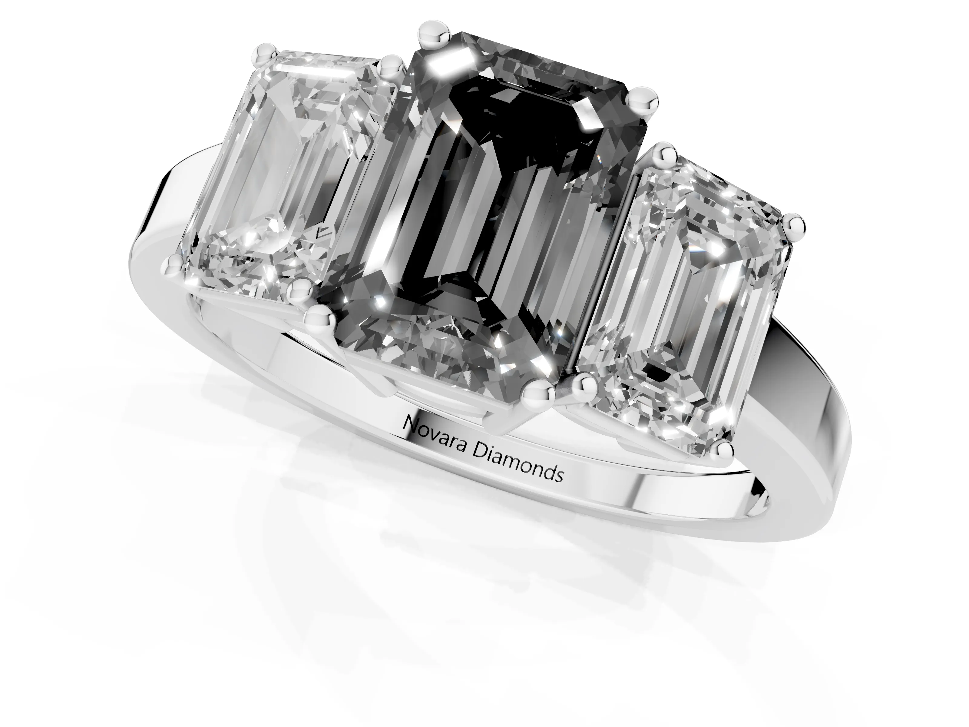 Fancy Black Emerald Cut Diamond Three-Stone Engagement Ring Set in Silver with Flat Band