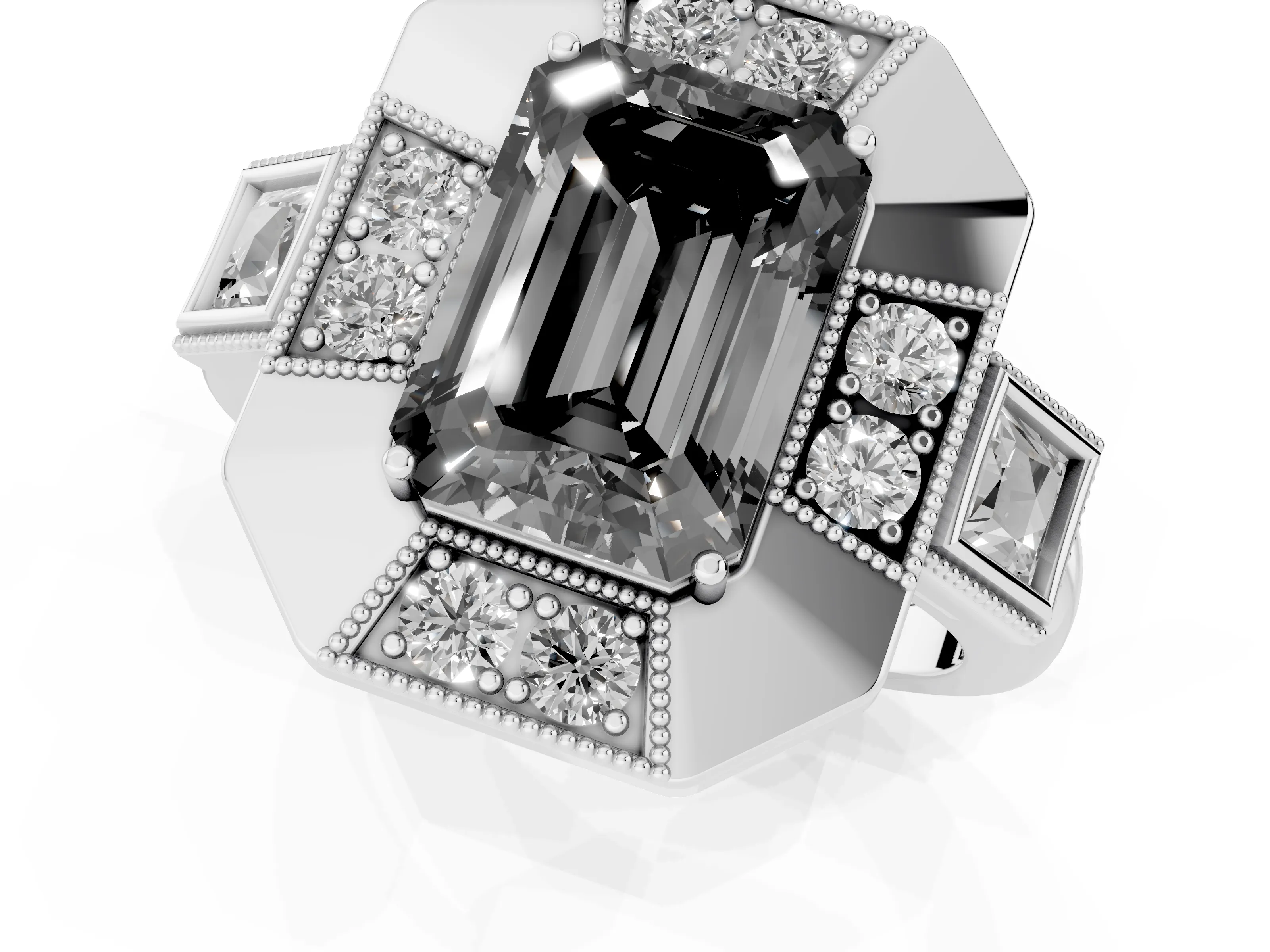 Fancy Black Emerald Cut Diamond Milgrain Halo Ring Set in Silver with Split Shank
