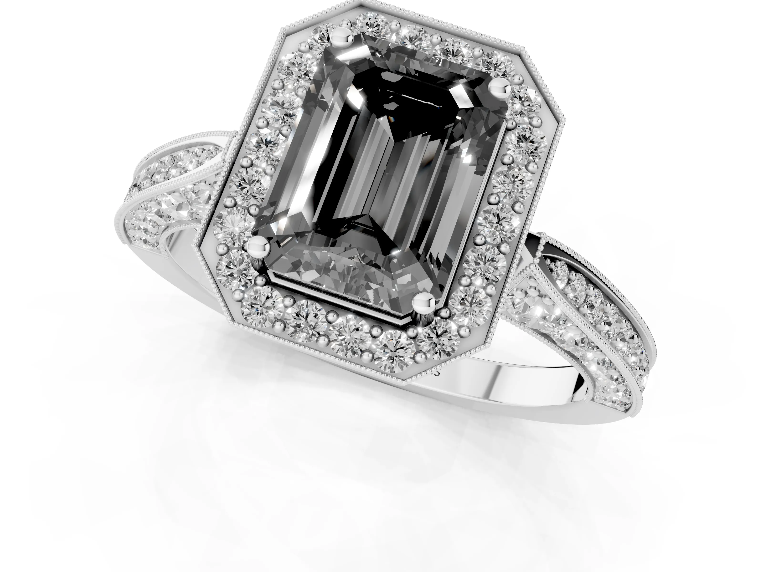 Fancy Black Emerald Cut Diamond Halo Engagement Ring Set in Platinum with Accent Split Shank Band