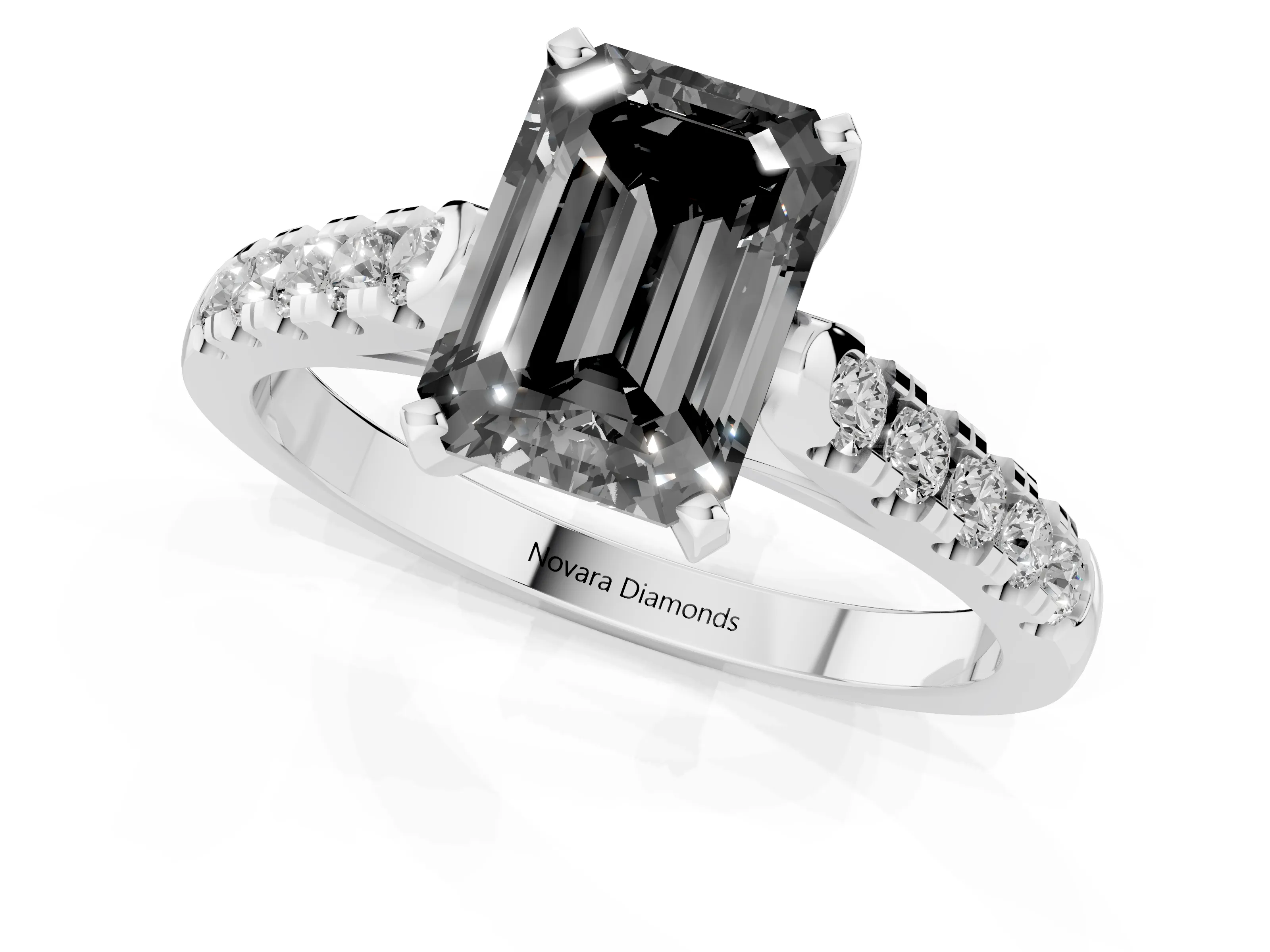 Fancy Black Emerald Cut Diamond Pavé Band Solitaire Ring Set in Platinum with Partway Accent Stones and Prong Setting
