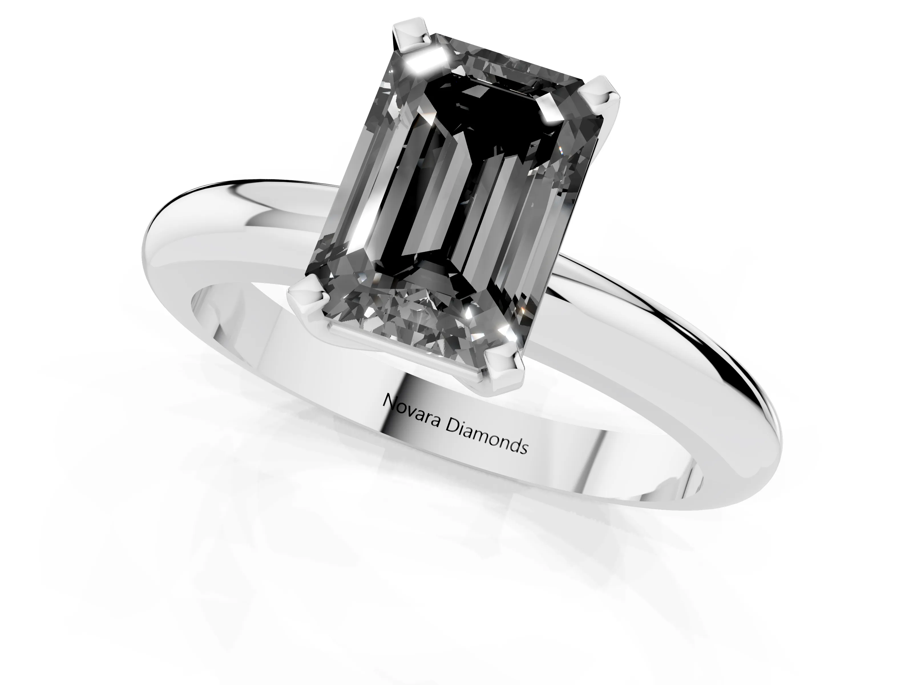 Fancy Black Emerald Cut Diamond Solitaire Engagement Ring Set in Platinum with Round Band and Prong Setting