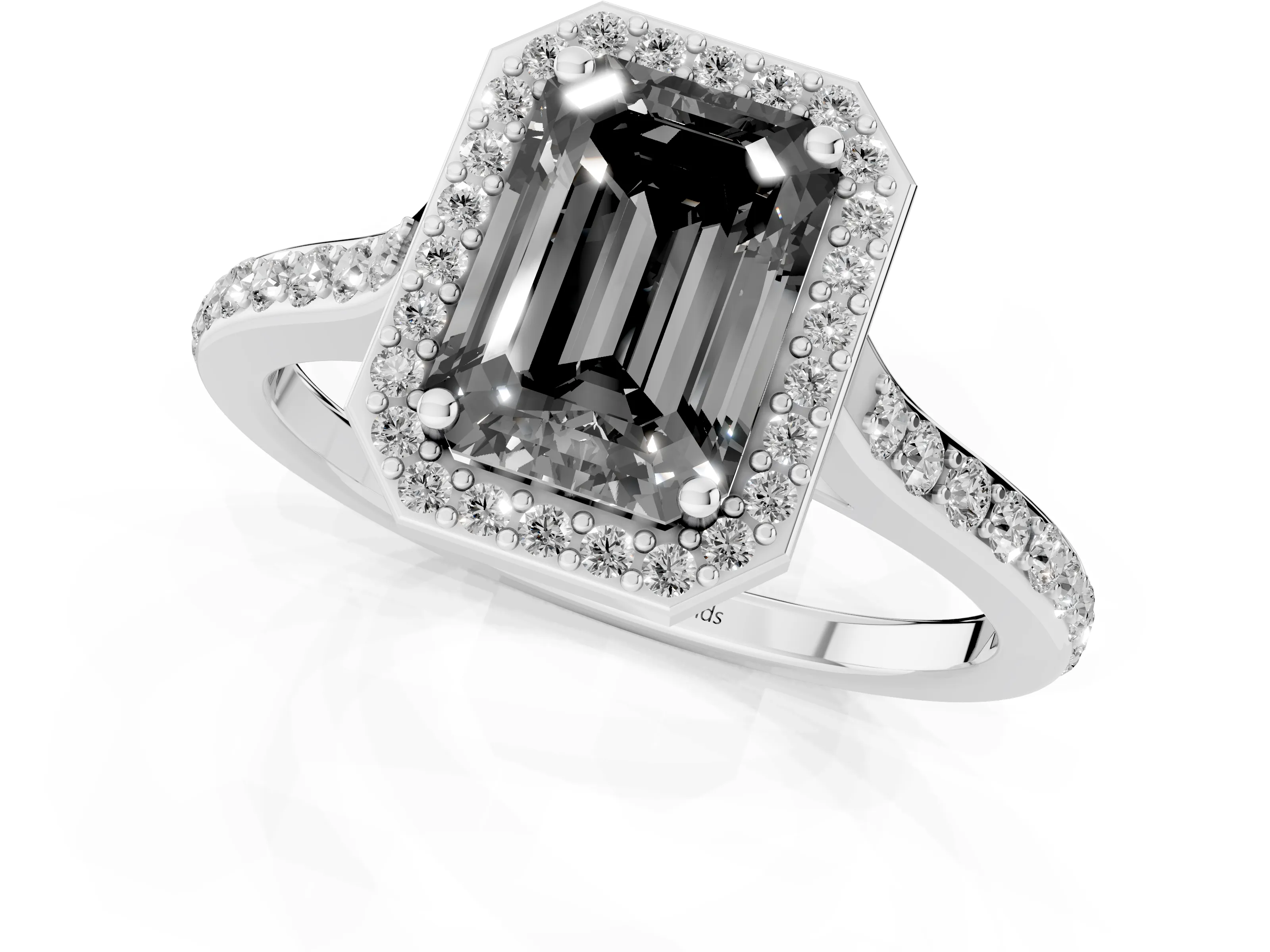 Fancy Black Emerald Cut Diamond Halo Engagement Ring Set in Platinum with Round Pavé Shoulders and Heart Gallery – second view