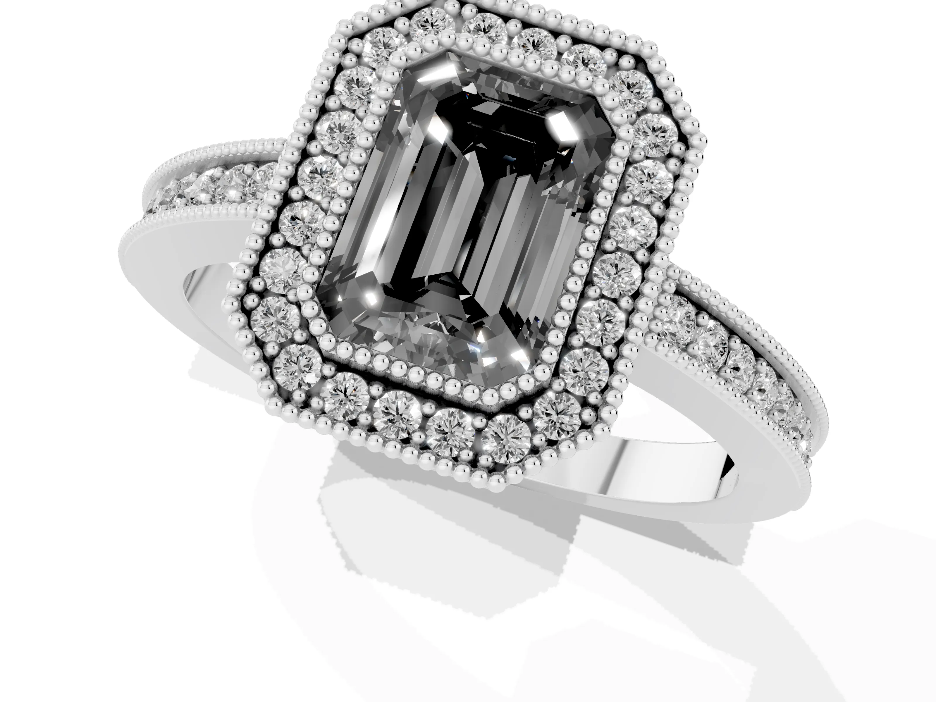Fancy Black Emerald Cut Diamond Round Halo Ring Set in Silver with Pavé Band